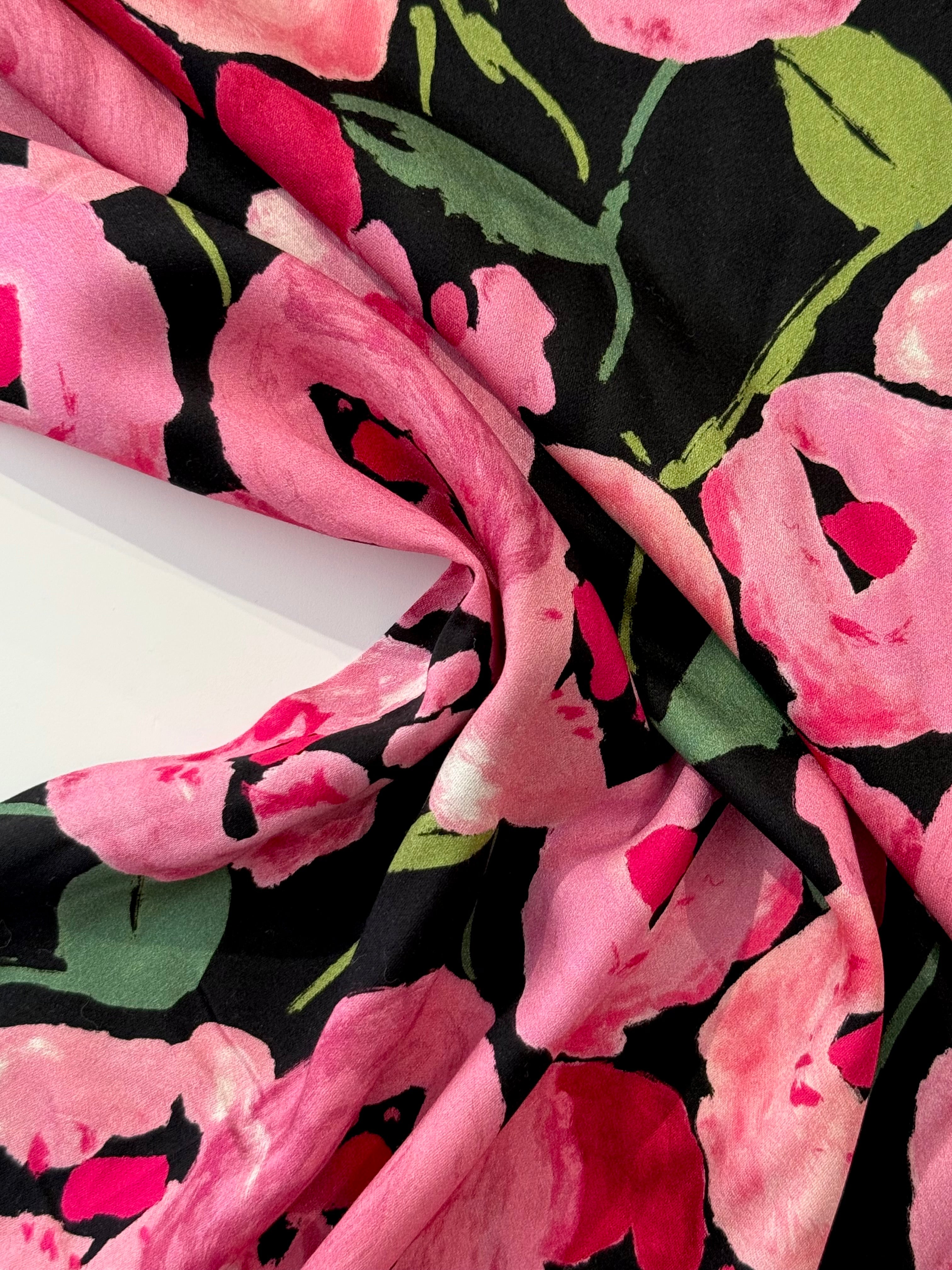 Painterly Peony Noir - Sandwashed Silk Mix Soft Satin Twill By Lady McElroy