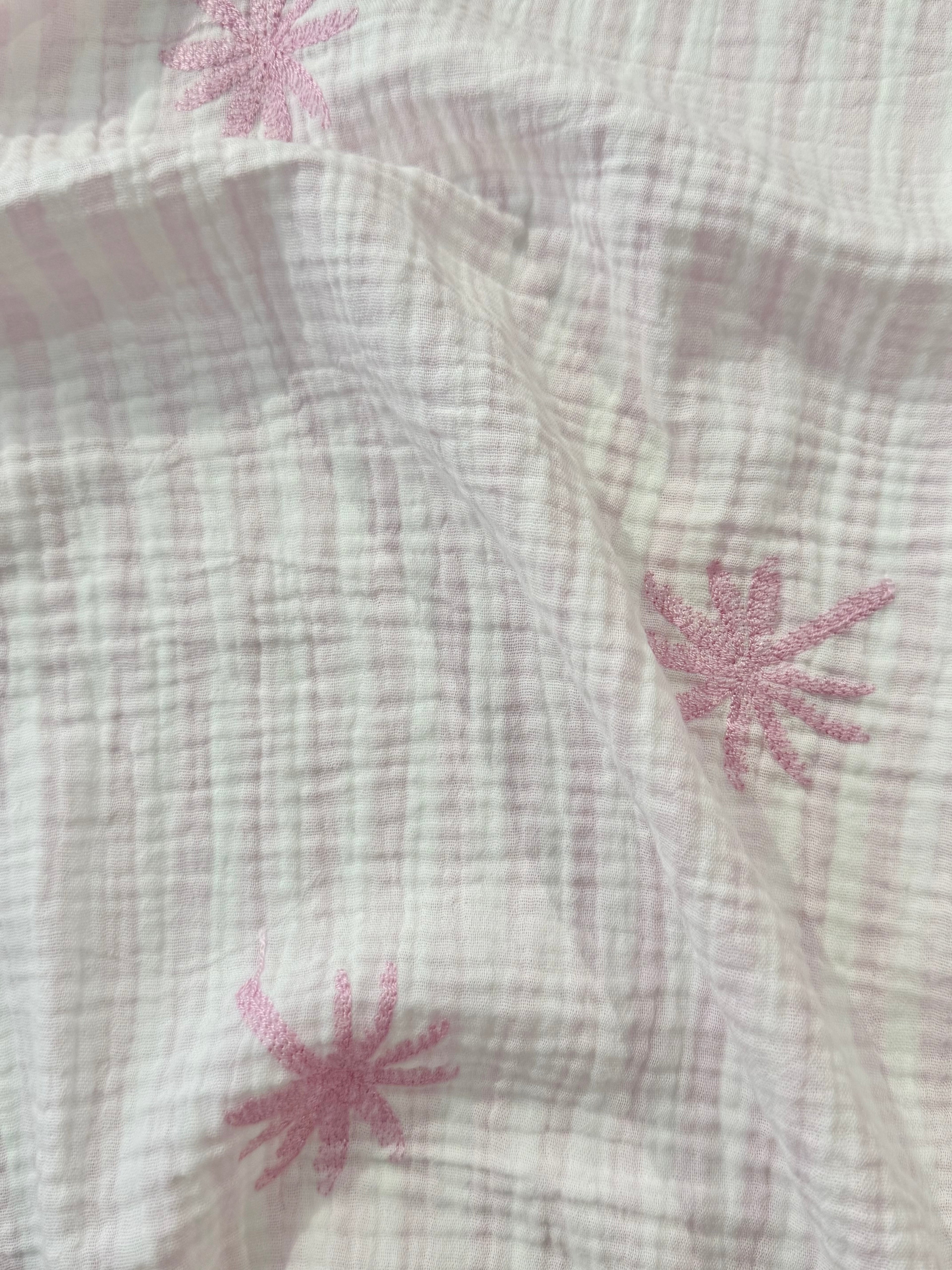 Palm Embroidery Cotton Double Gauze -  Pink