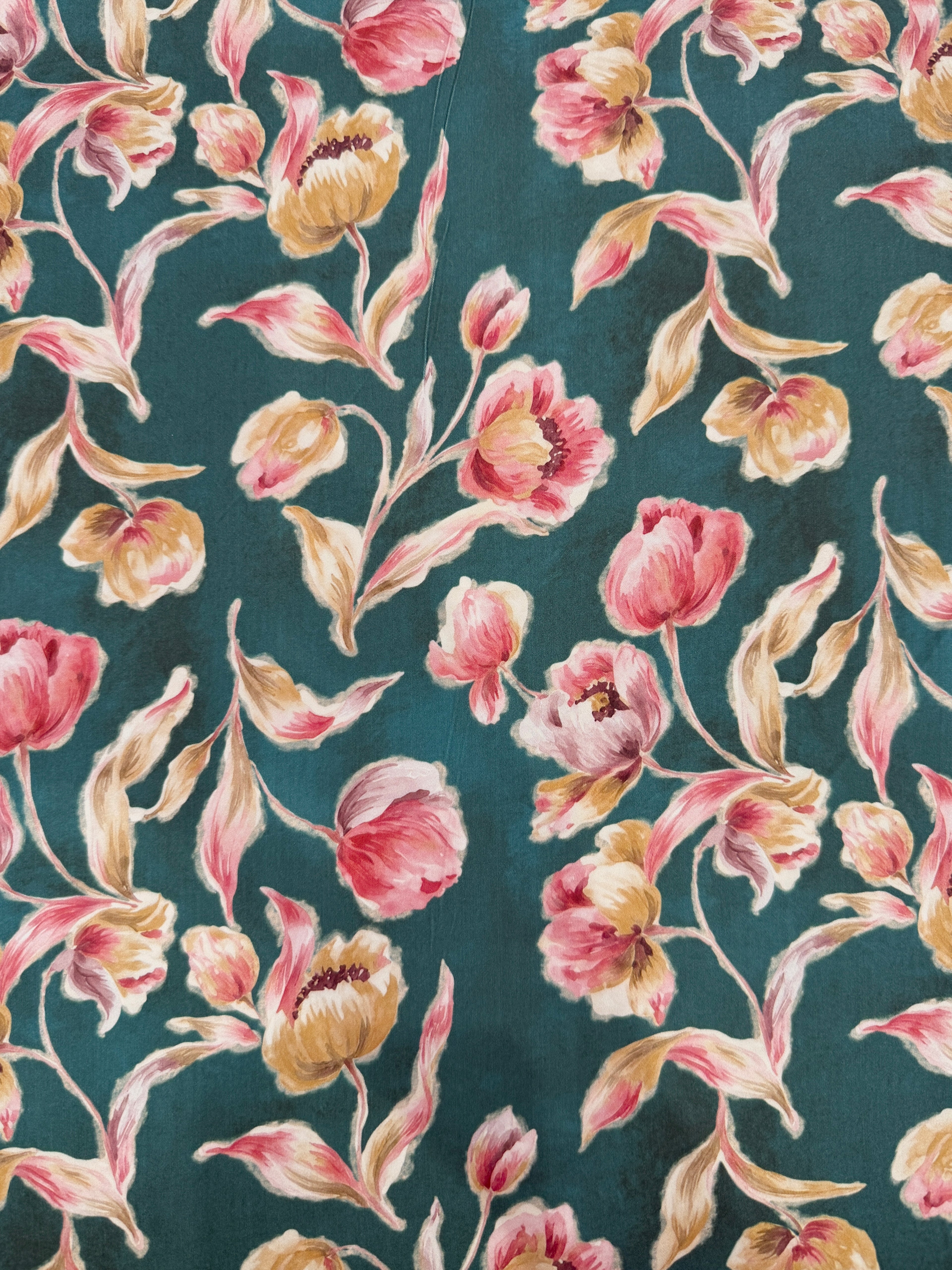 Vintage Blooms Viscose Satin - Teal