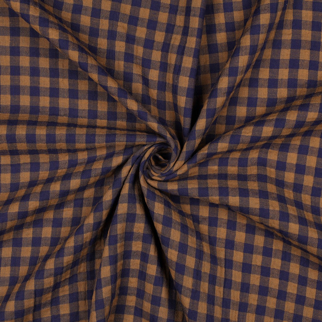 Brown & Navy Gingham Check Cotton Double Gauze