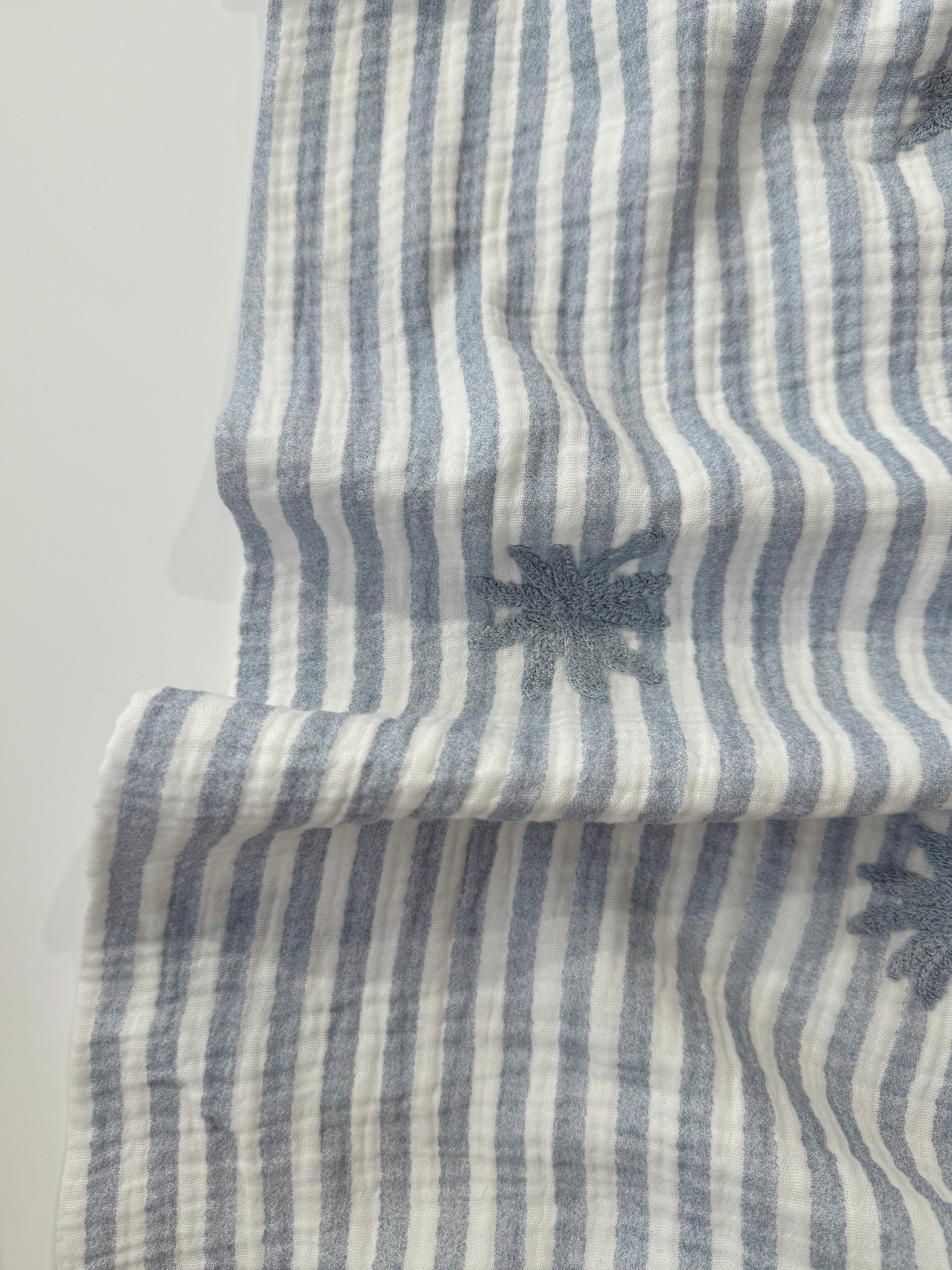 Palm Embroidery Cotton Double Gauze - Blue