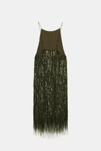 Ex Zara Deadstock Olive Sequin Tassel Crêpe