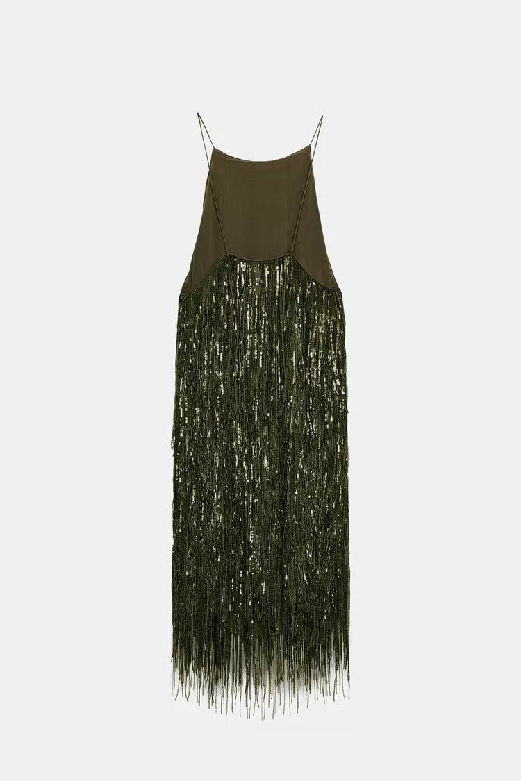 Ex Zara Deadstock Olive Sequin Tassel Crêpe