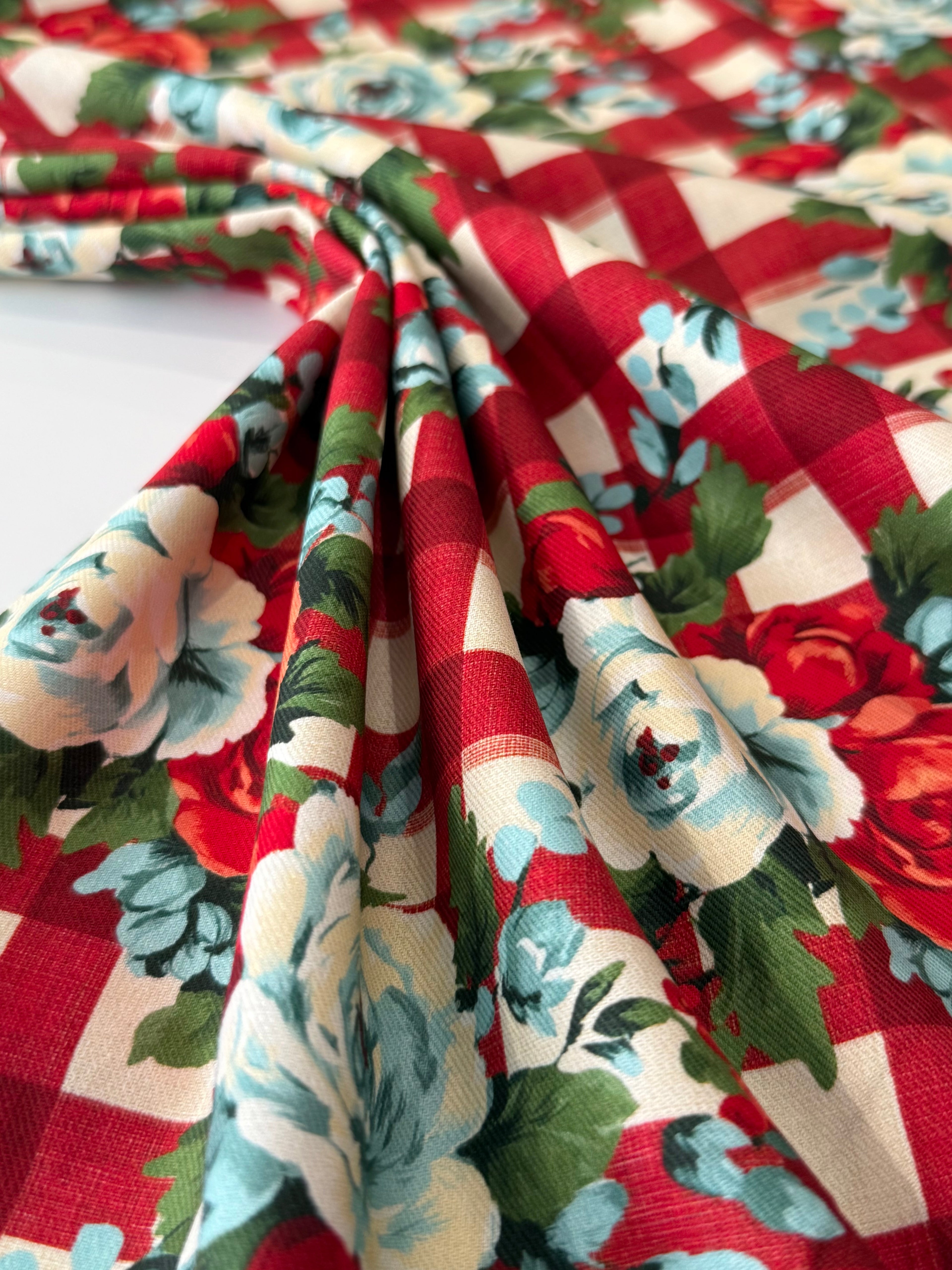 Floral Gingham Check Cotton Viscose Blend
