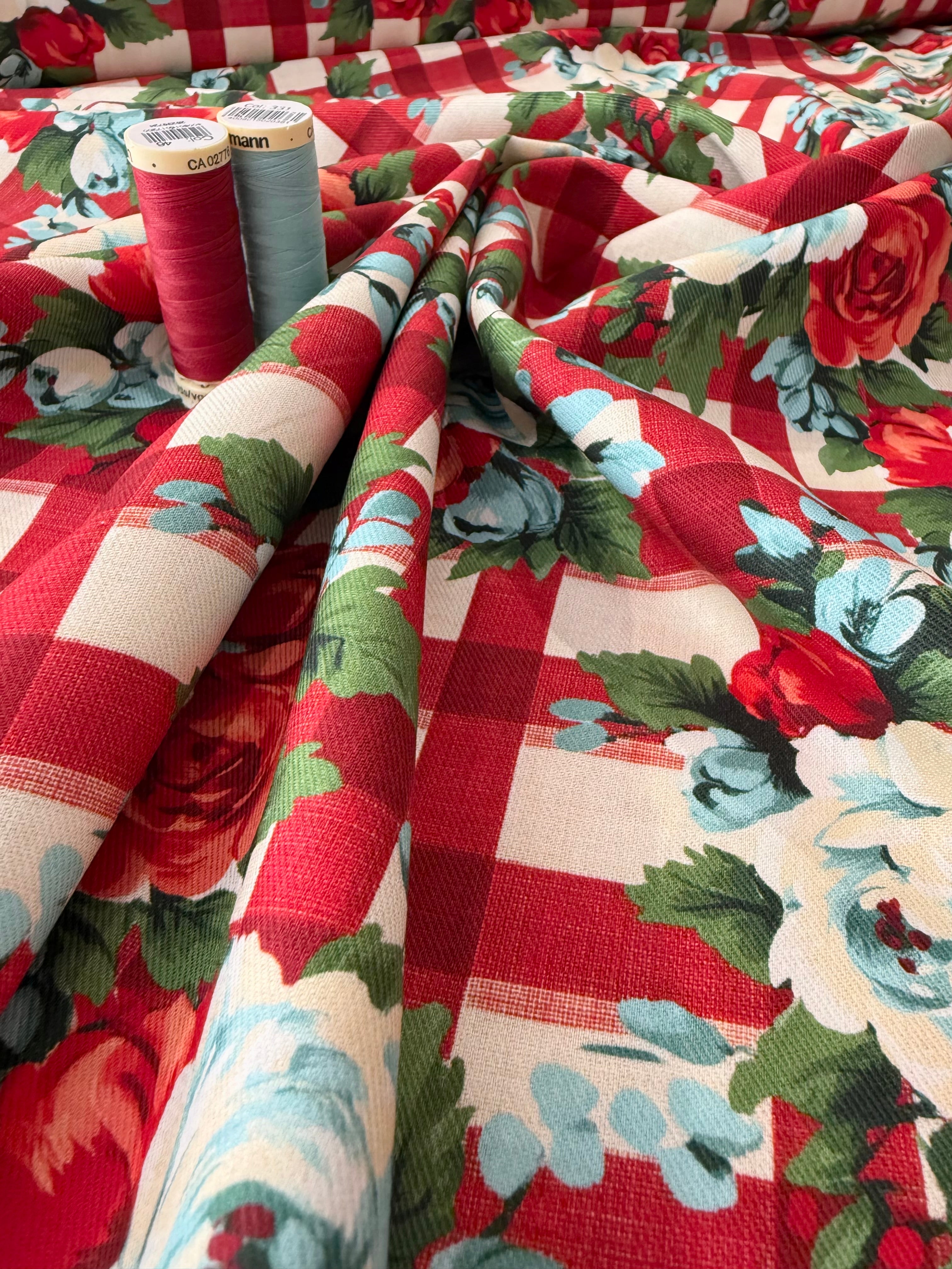 Floral Gingham Check Cotton Viscose Blend