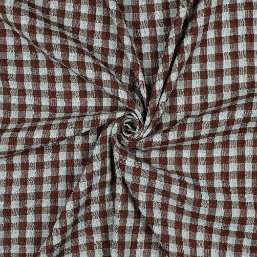 Blue & Brown Gingham Check Cotton Double Gauze