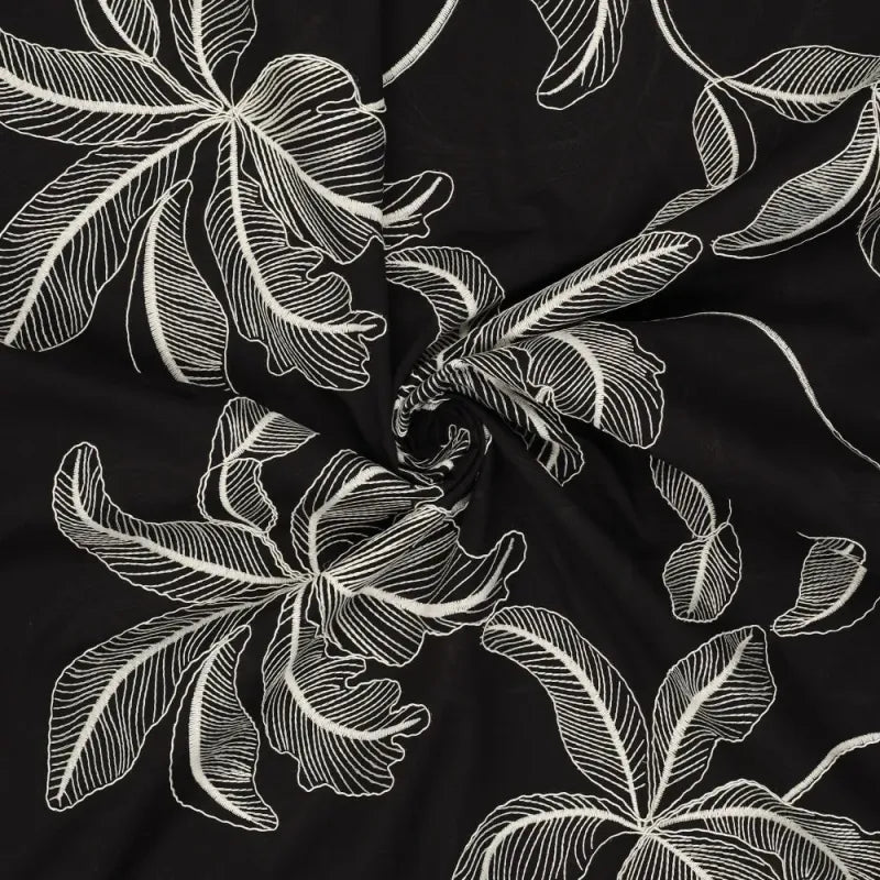 Black Cotton Lawn with Ivory Corded Embroidery
