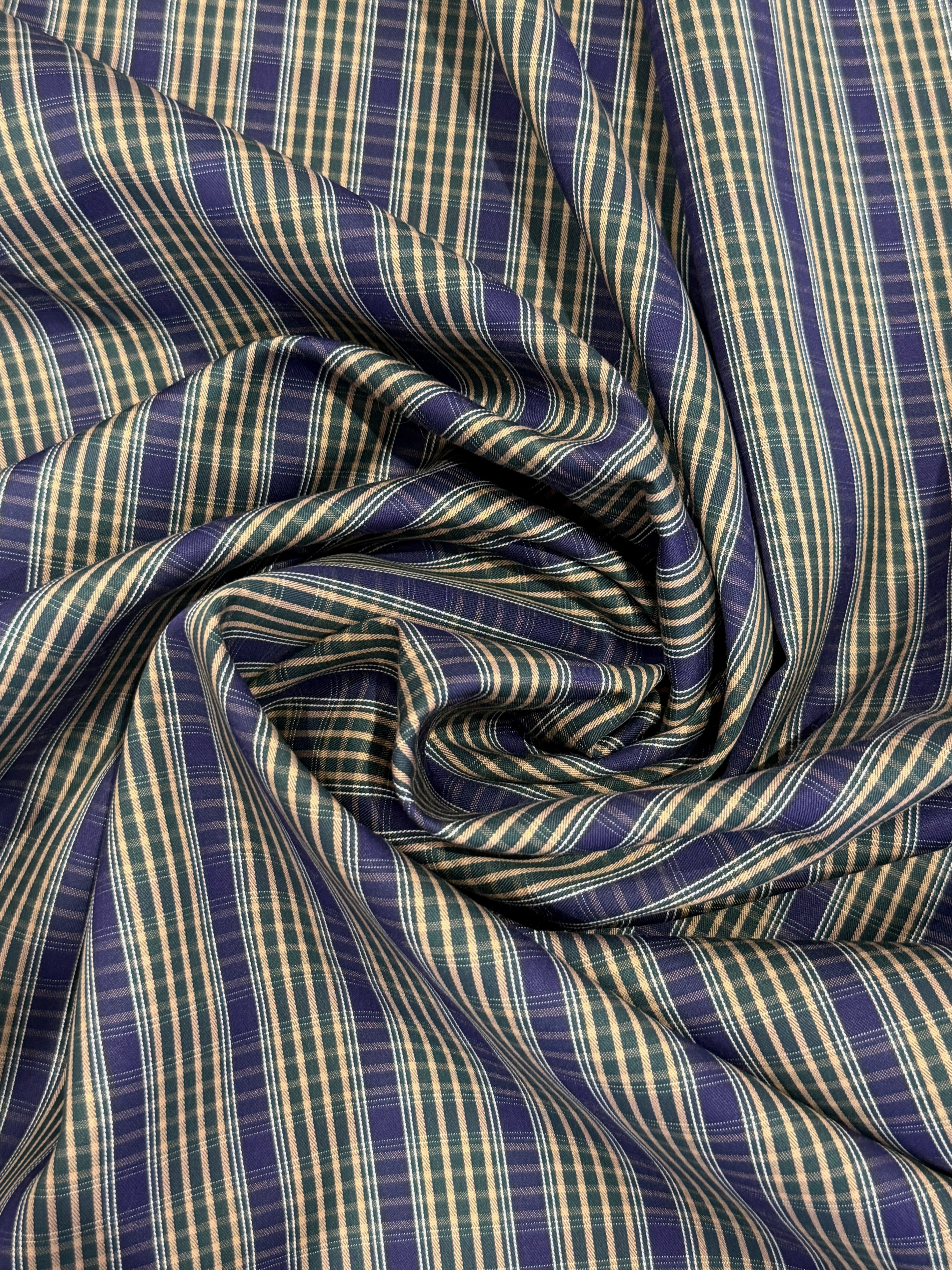 Heritage Check - Bottle Green, Indigo & Caramel - Ex-Designer Deadstock Cotton