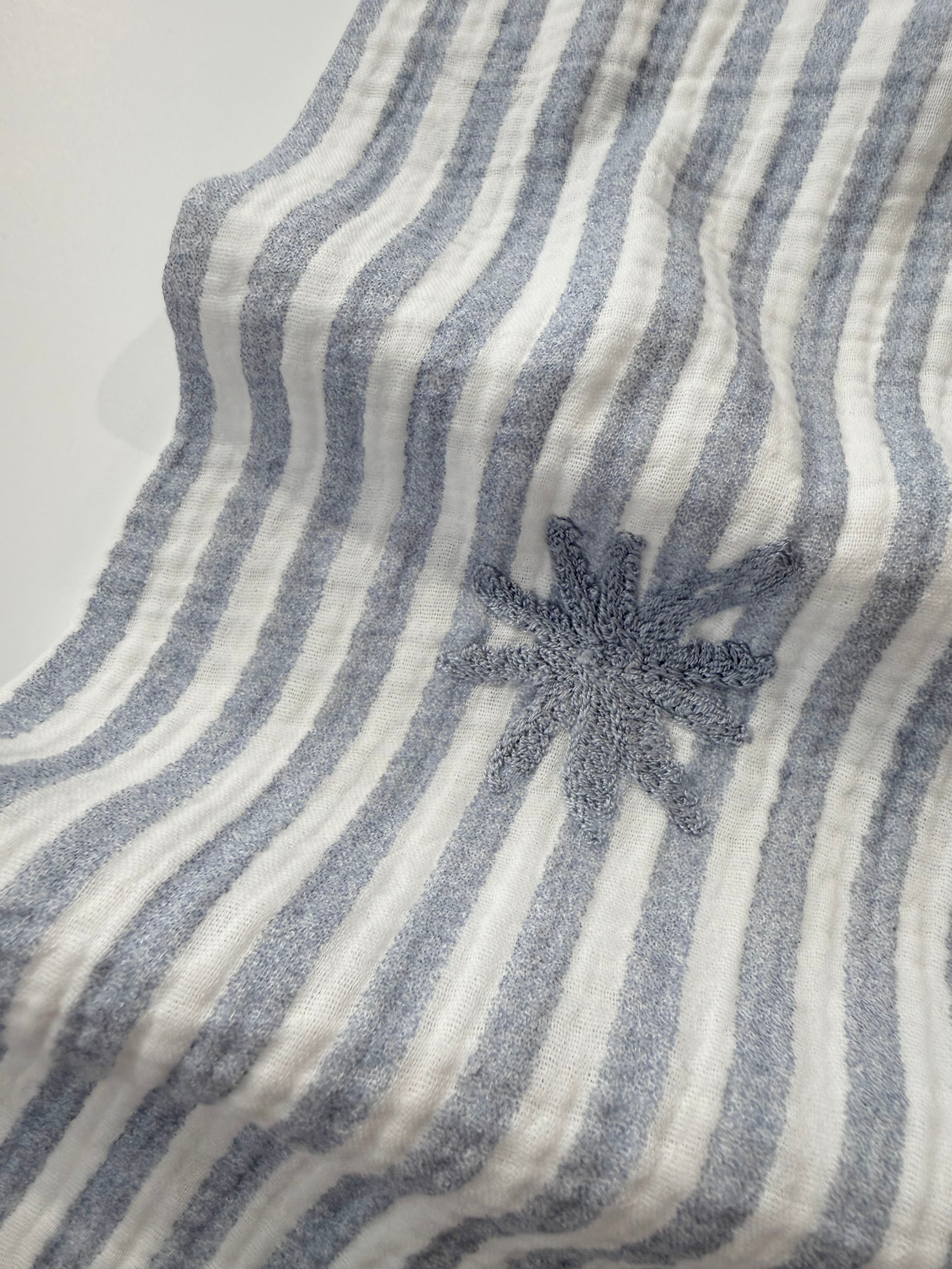 Palm Embroidery Cotton Double Gauze - Blue