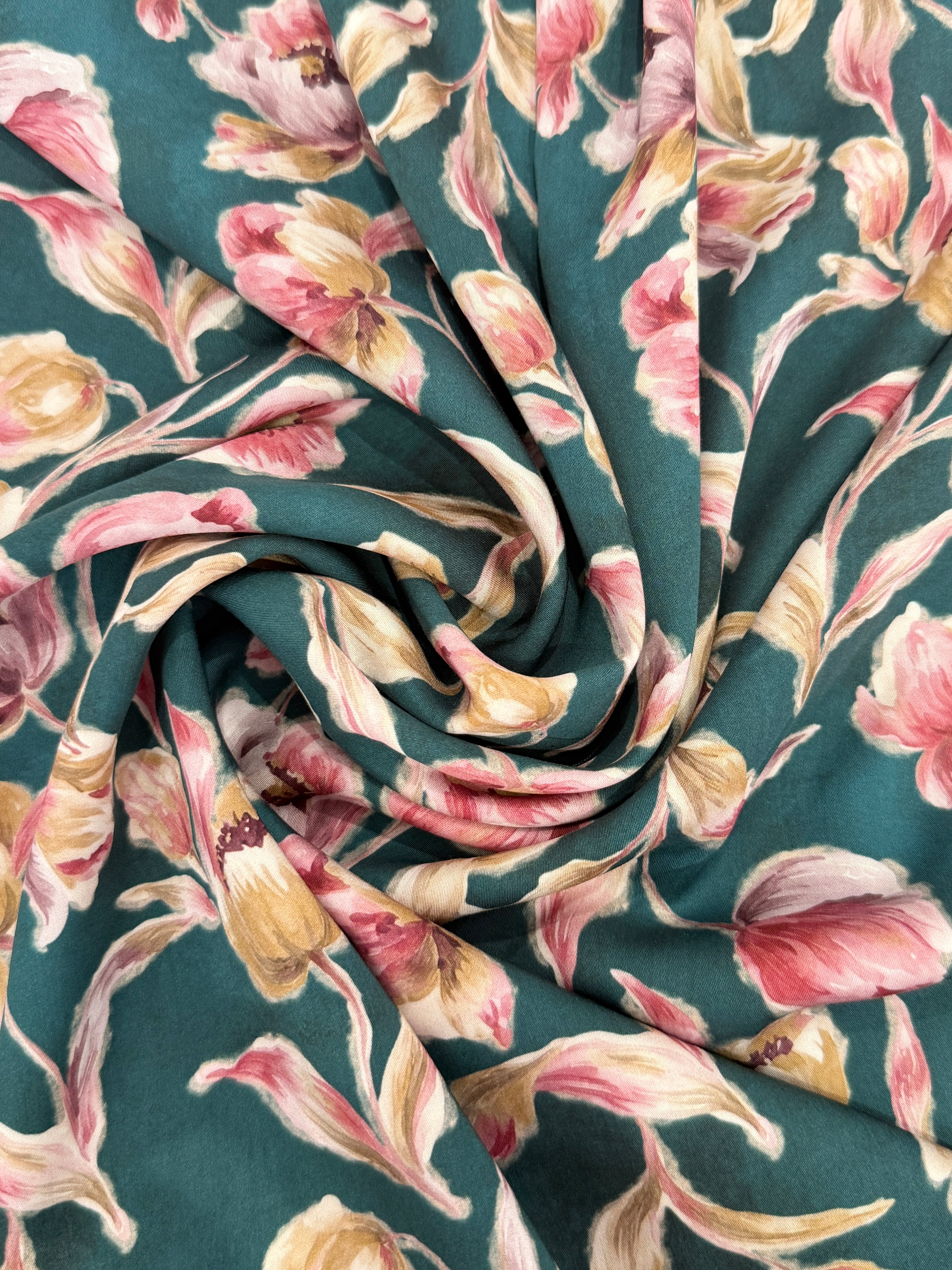 Vintage Blooms Viscose Satin - Teal