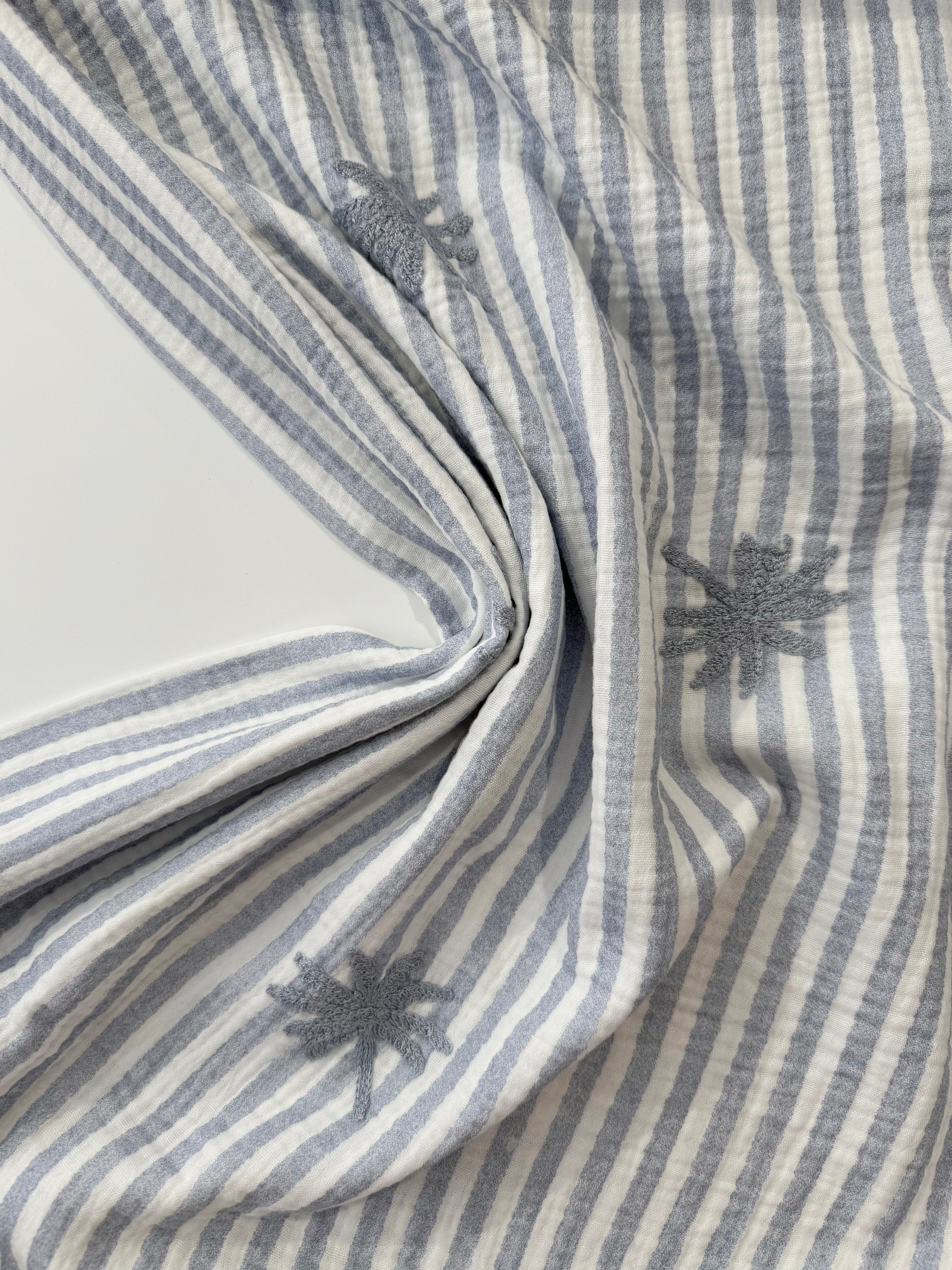 Palm Embroidery Cotton Double Gauze - Blue