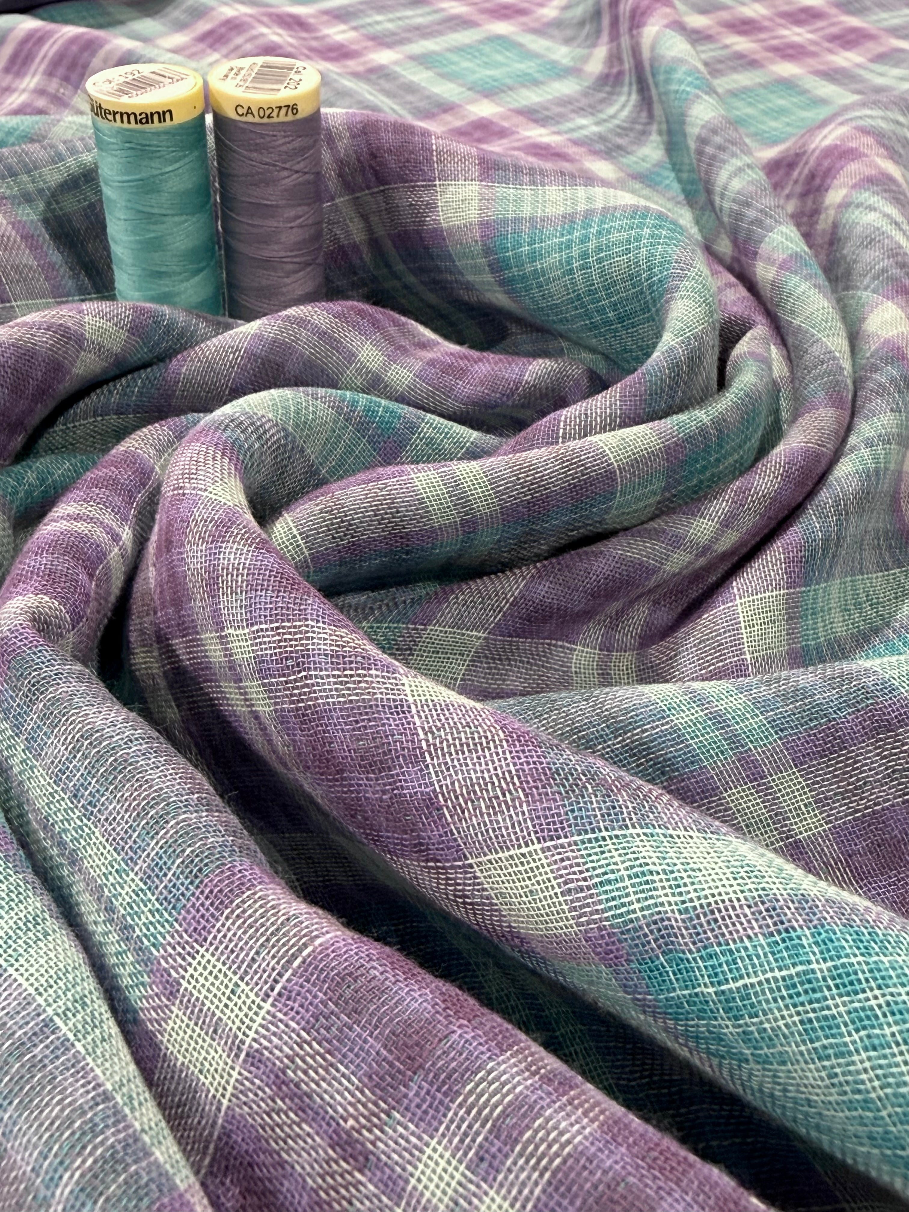Lilac And Turquoise Check Double Gauze