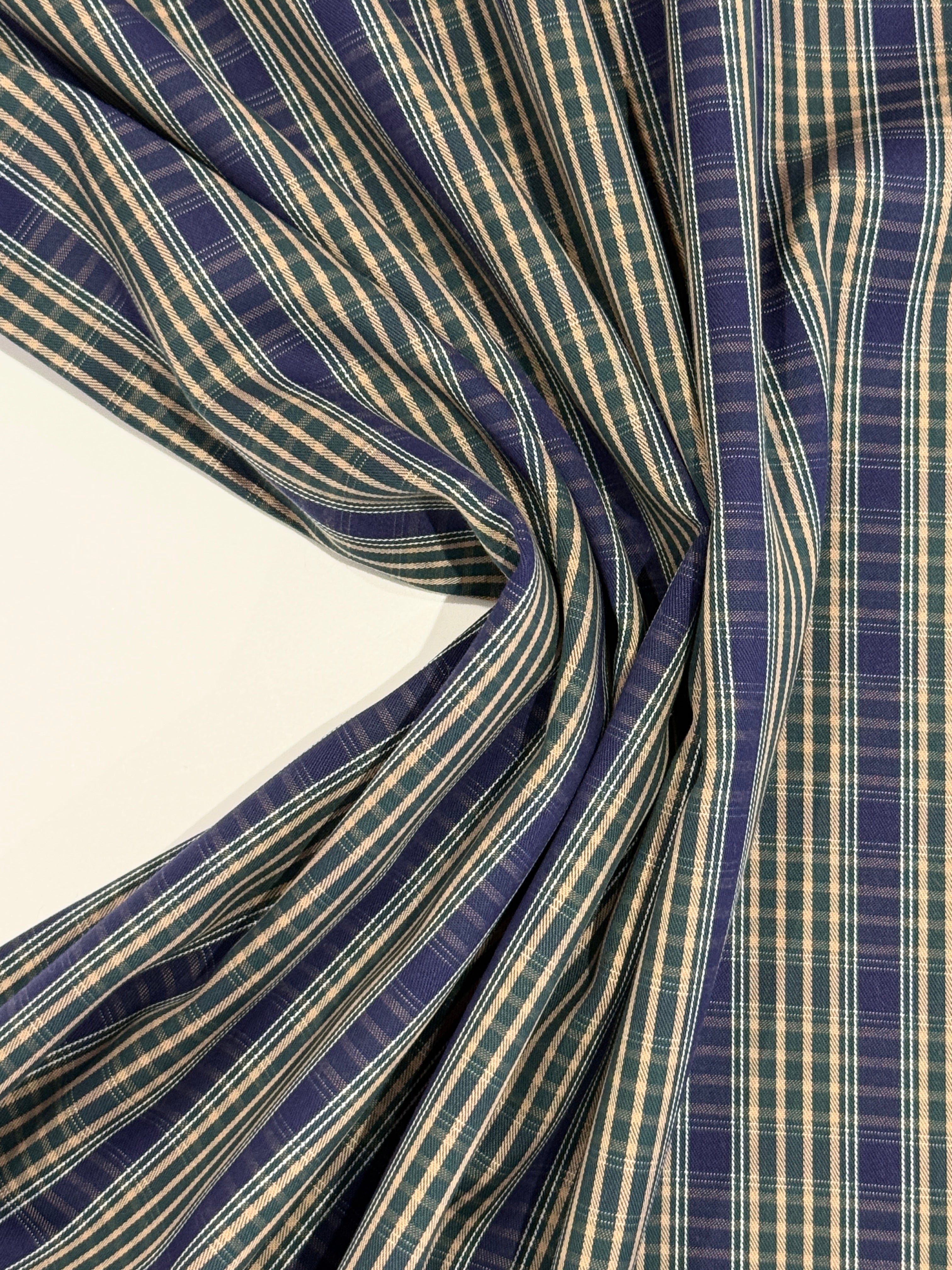 Heritage Check - Bottle Green, Indigo & Caramel - Ex-Designer Deadstock Cotton