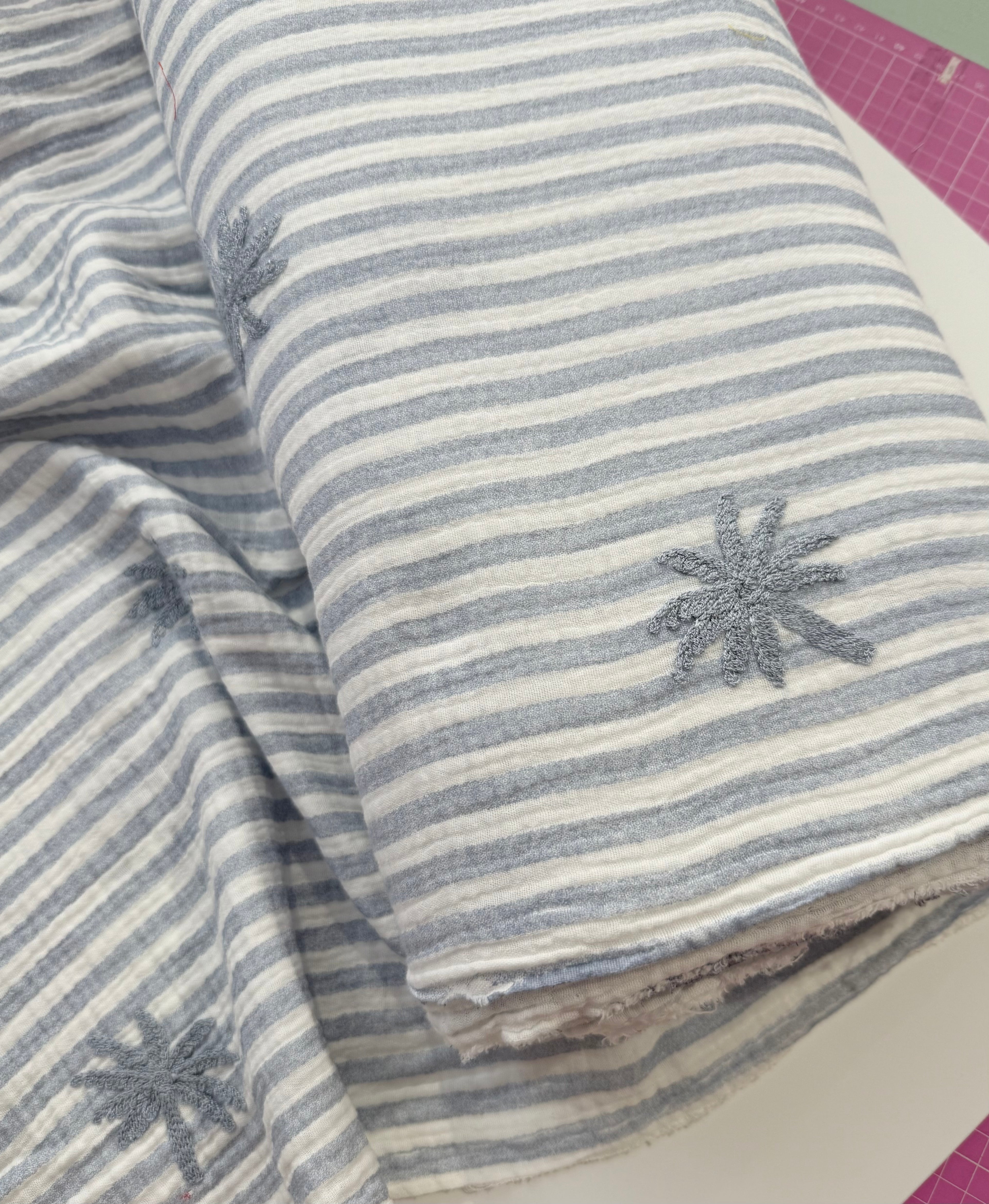 Palm Embroidery Cotton Double Gauze - Blue