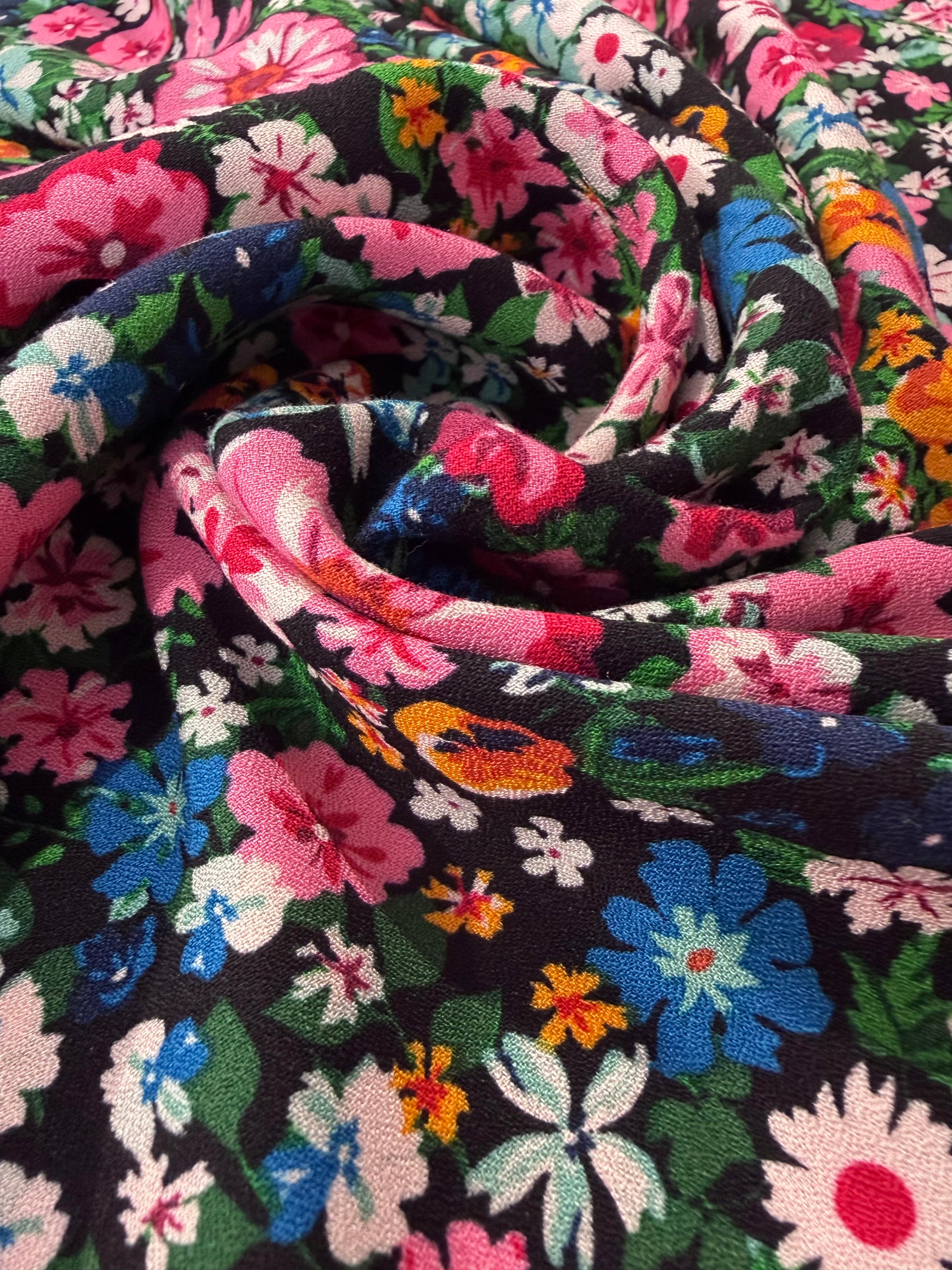 Wildflower Meadow Black Viscose Crêpe