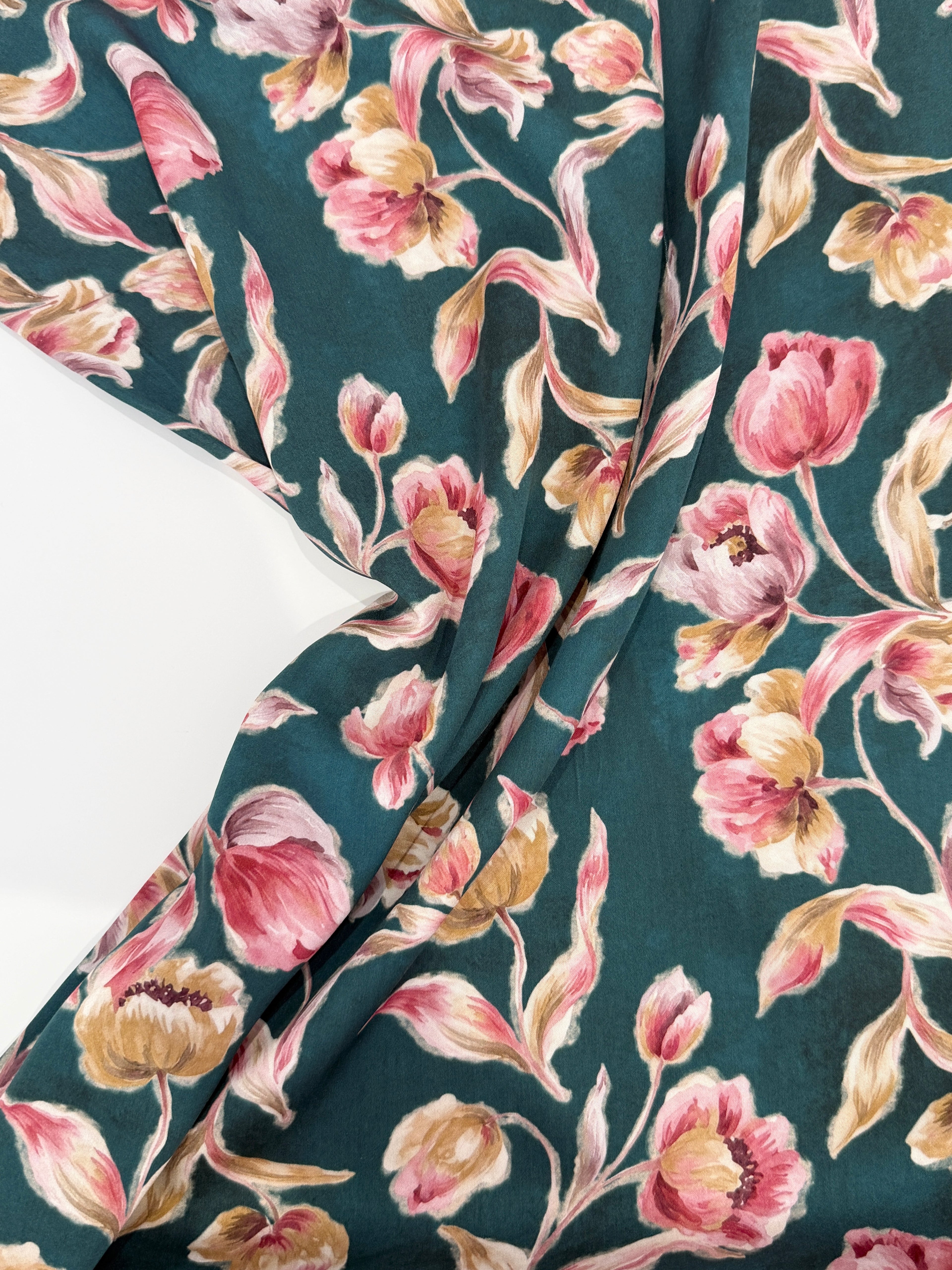 Vintage Blooms Viscose Satin - Teal