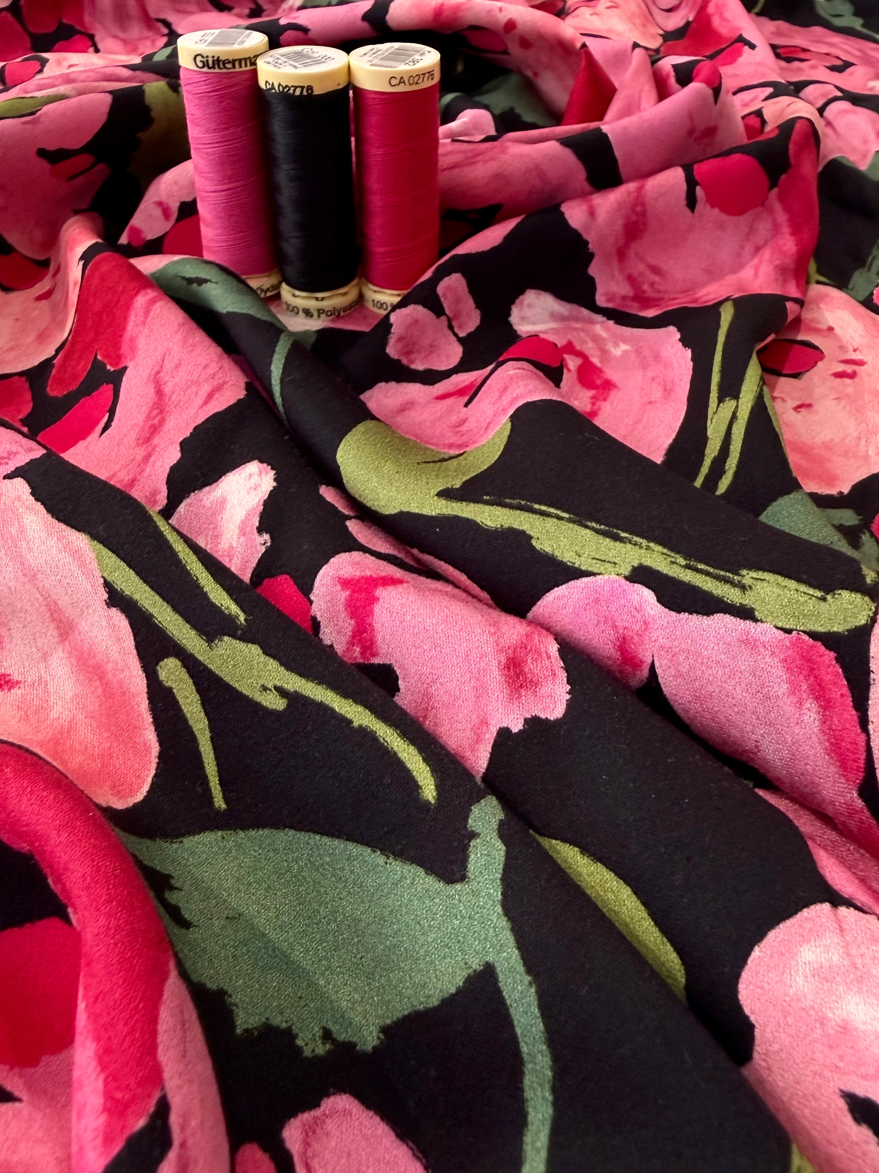 Painterly Peony Noir - Sandwashed Silk Mix Soft Satin Twill By Lady McElroy