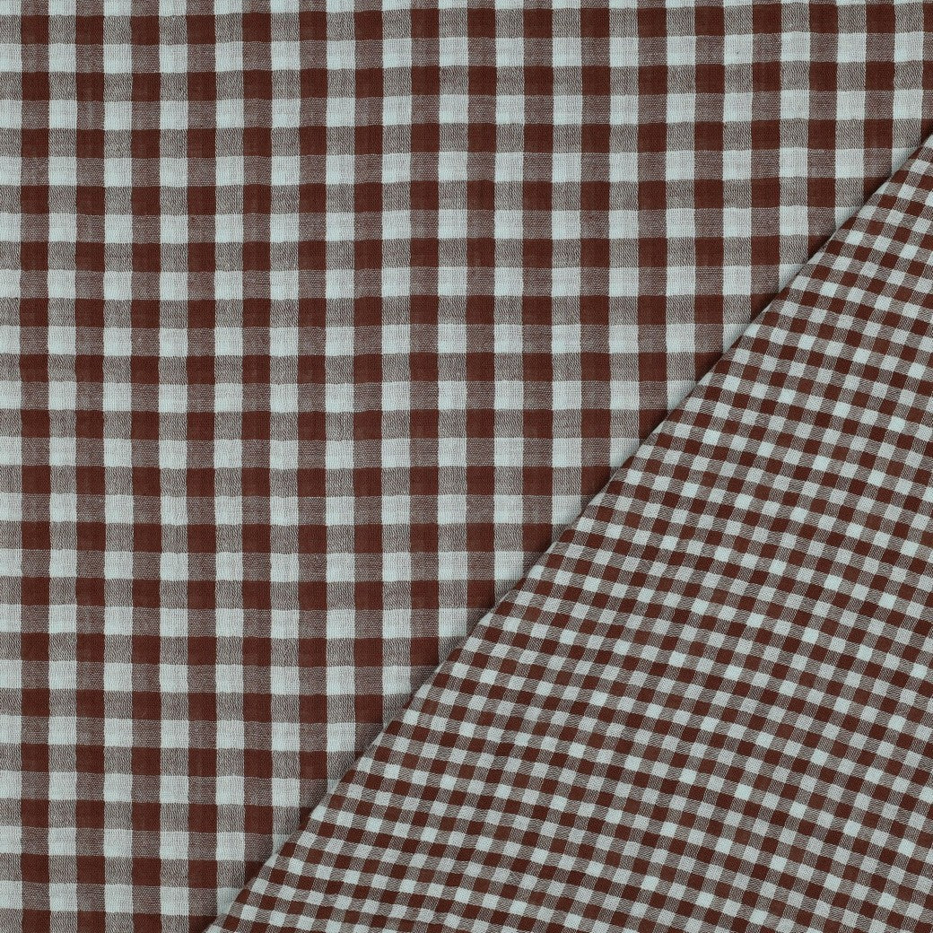 Blue & Brown Gingham Check Cotton Double Gauze
