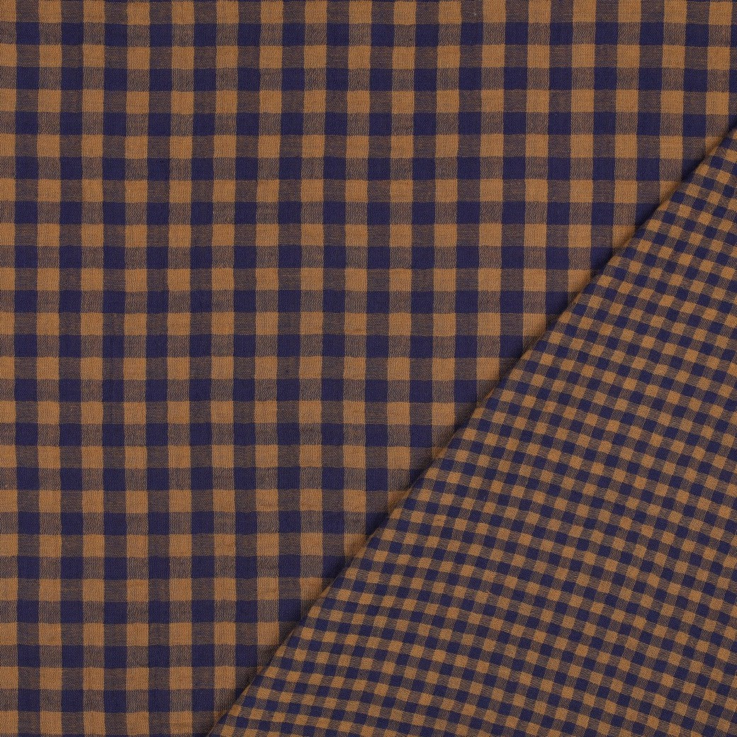 Brown & Navy Gingham Check Cotton Double Gauze