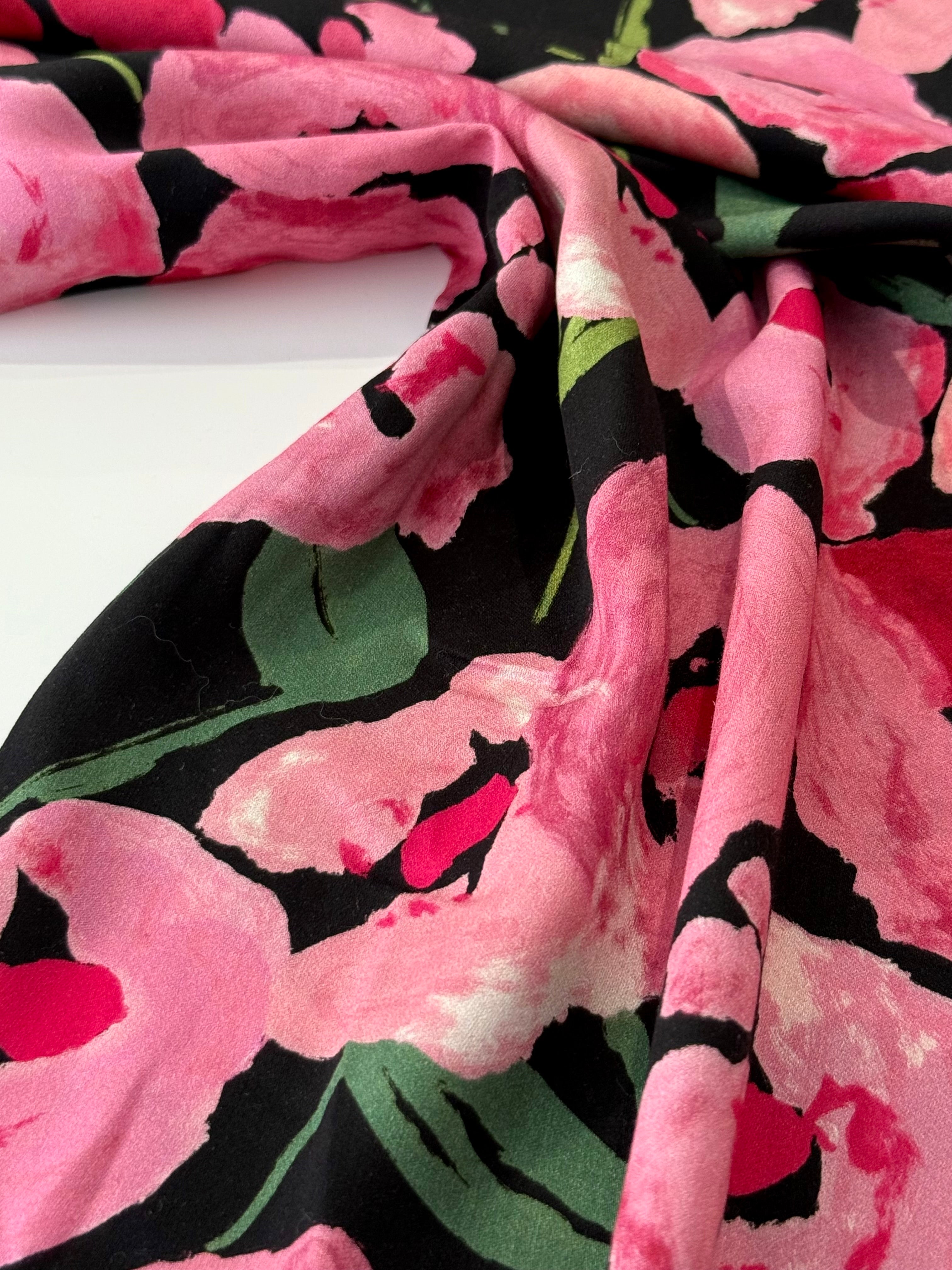 Painterly Peony Noir - Sandwashed Silk Mix Soft Satin Twill By Lady McElroy
