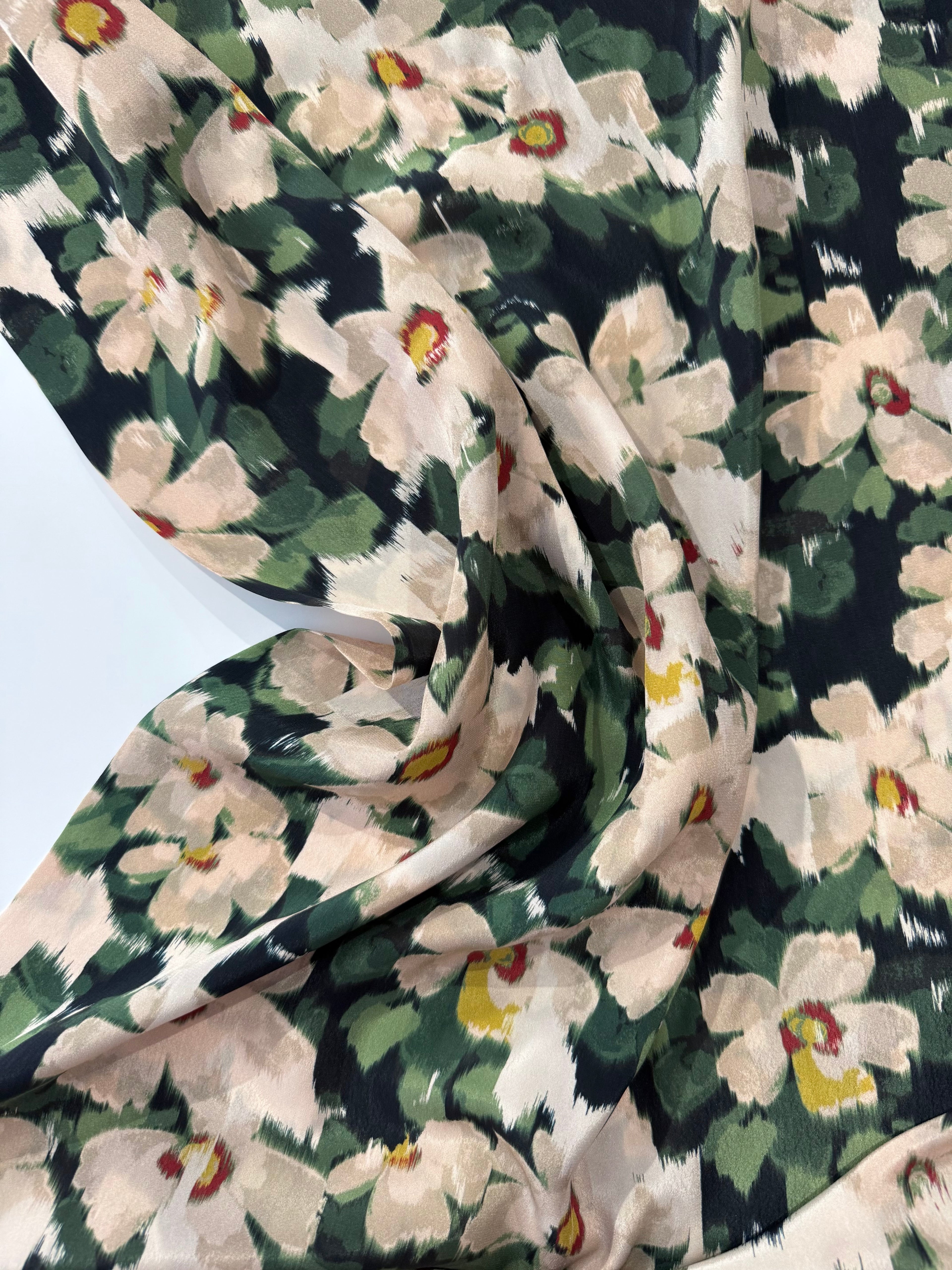 Painted Meadow Green Sandwashed Silk-Mix Crepe De Chine By Lady McElroy
