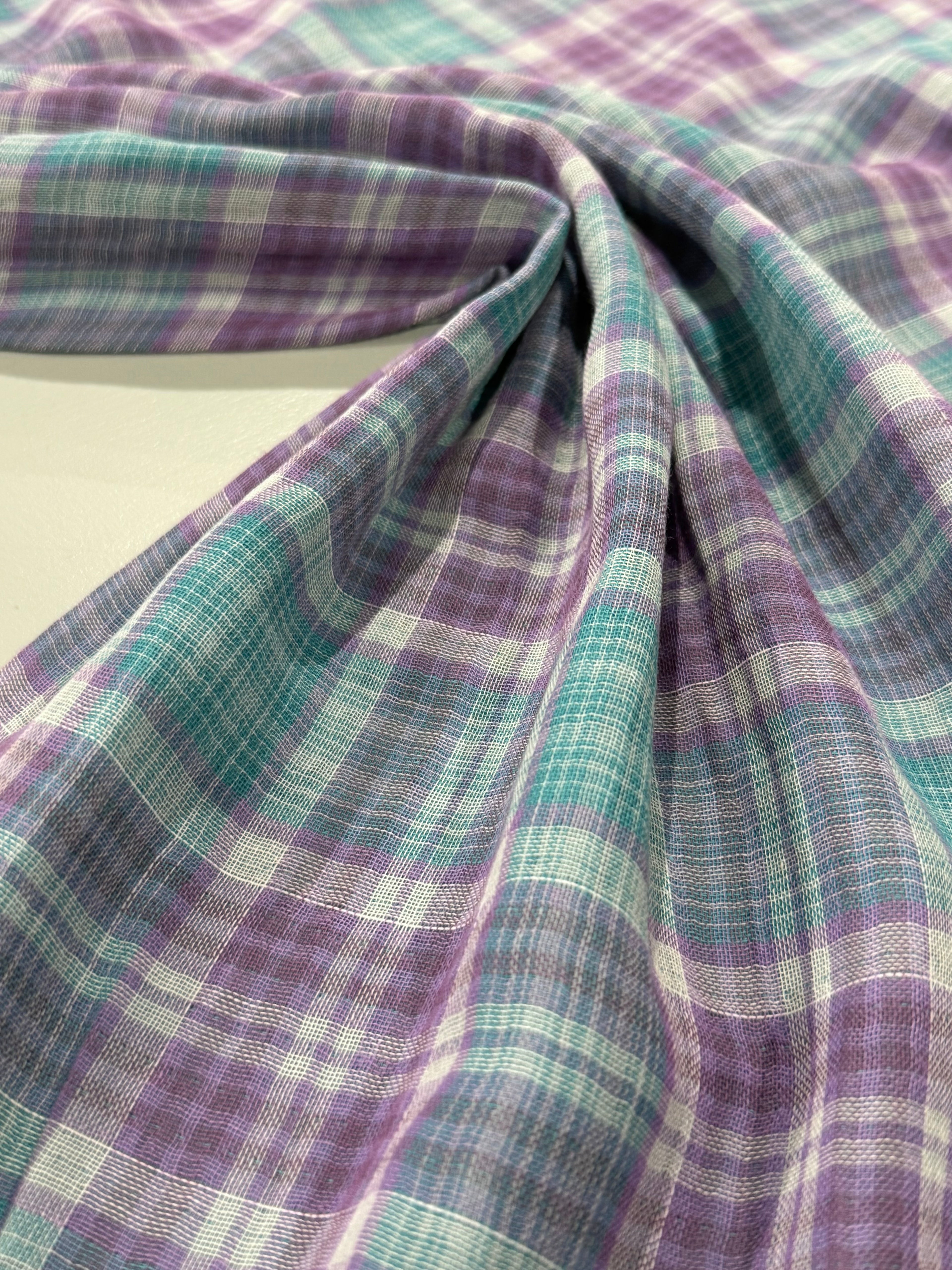 Lilac And Turquoise Check Double Gauze