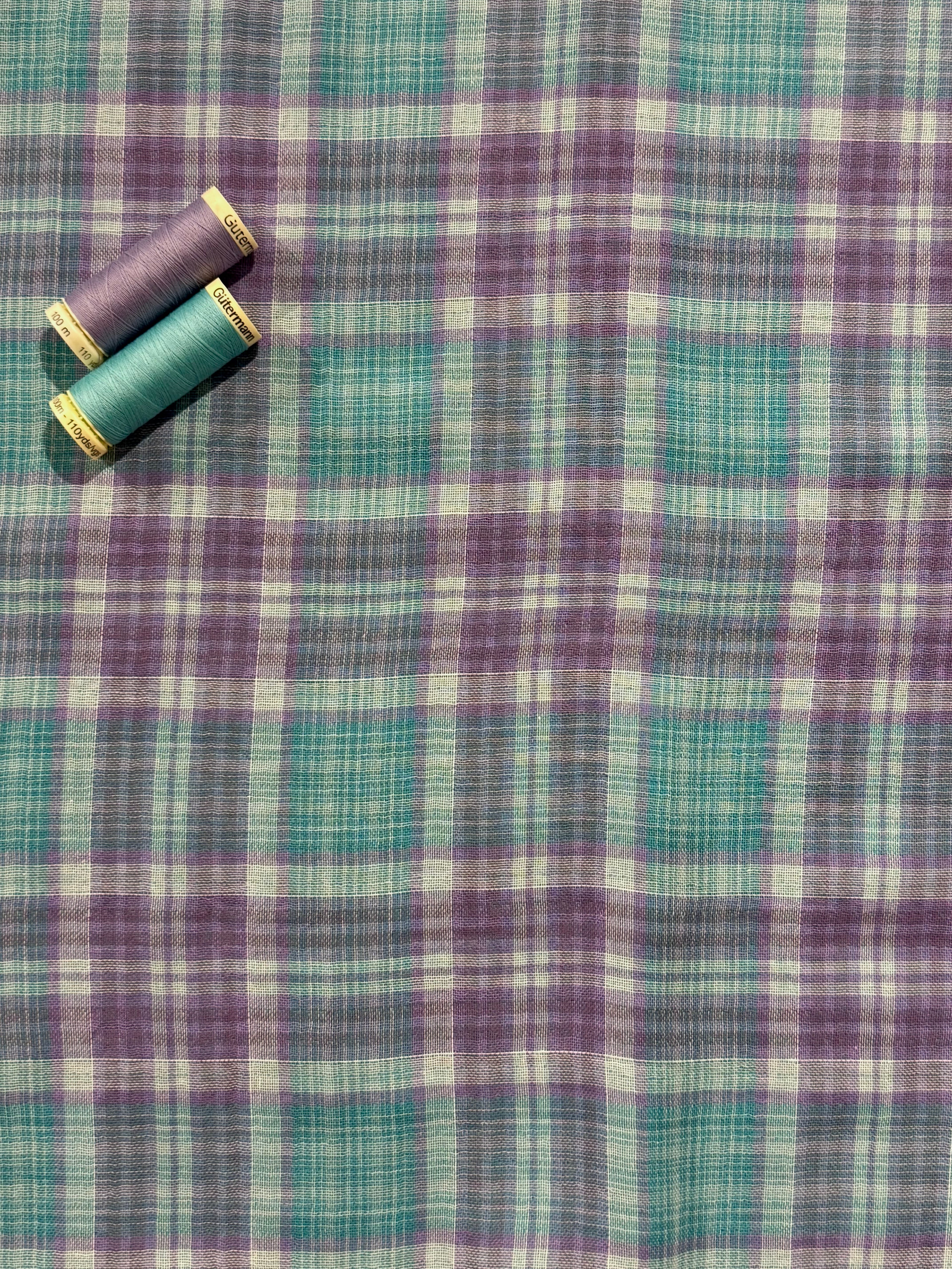 Lilac And Turquoise Check Double Gauze