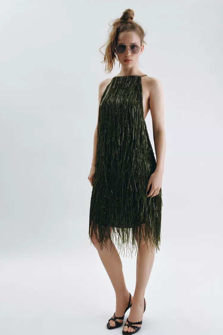 Ex Zara Deadstock Olive Sequin Tassel Crêpe
