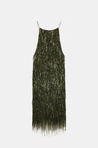 Ex Zara Deadstock Olive Sequin Tassel Crêpe