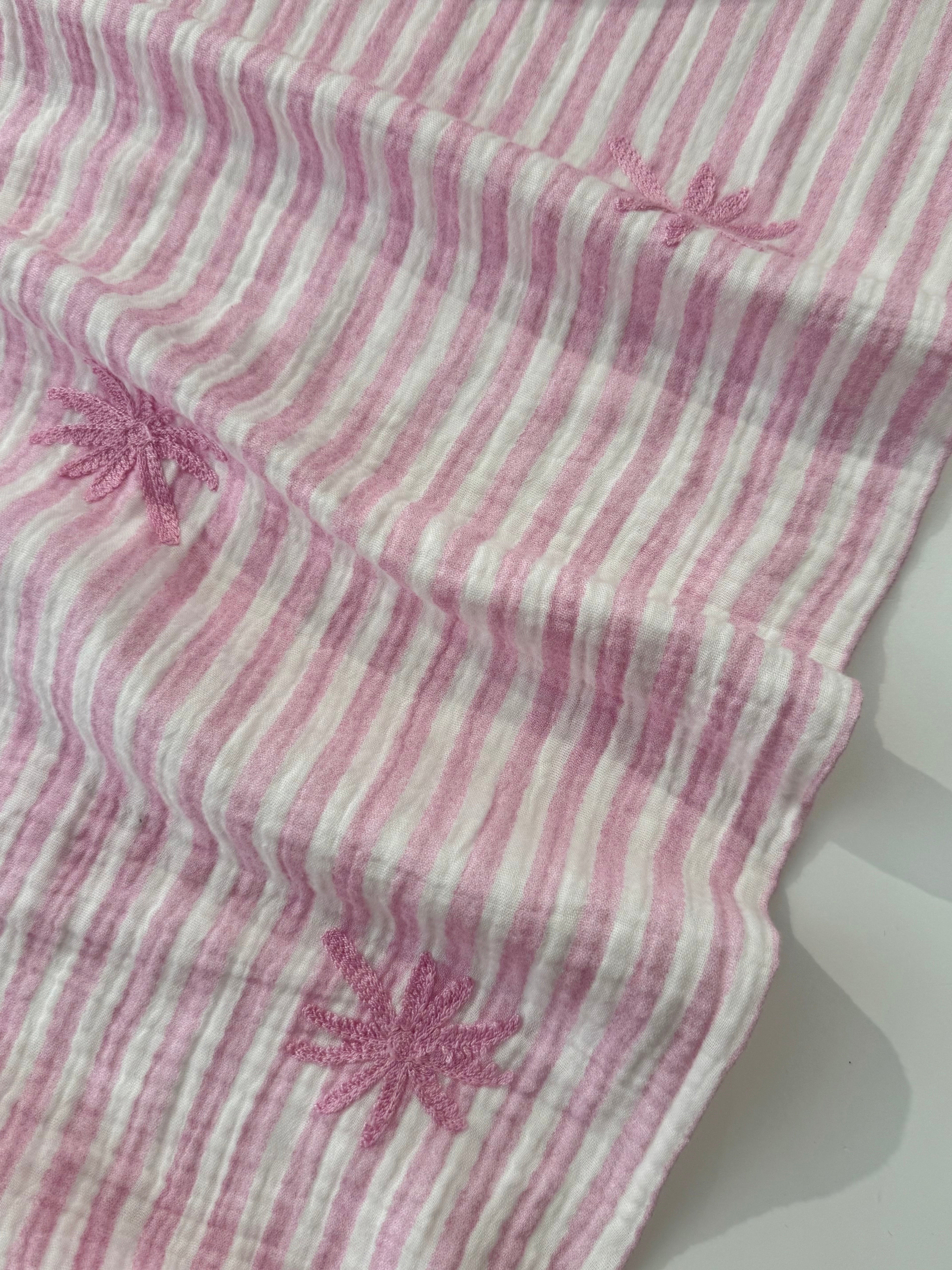 Palm Embroidery Cotton Double Gauze -  Pink