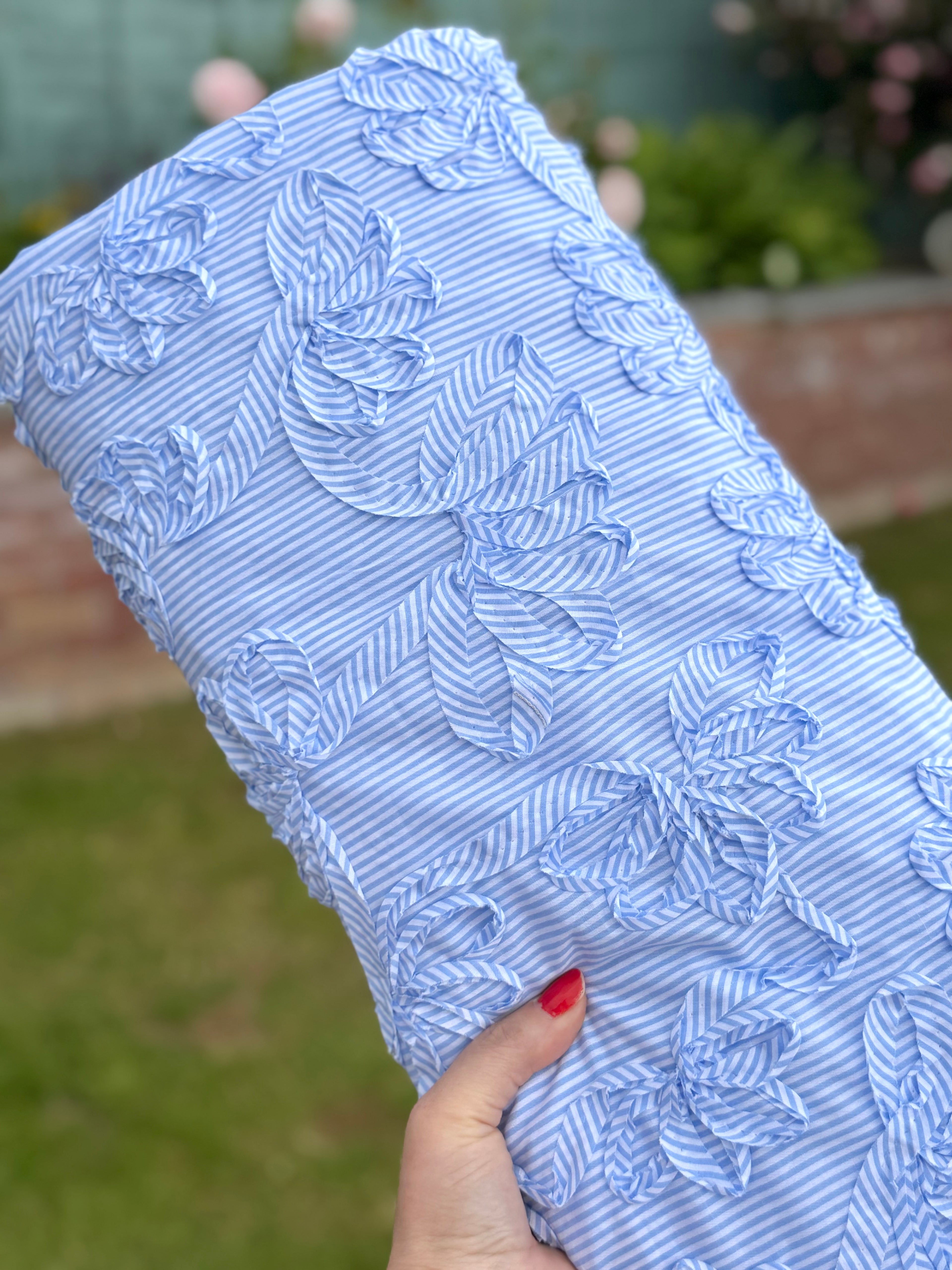 Blue And White Stripe Tickertape Flowers Cotton