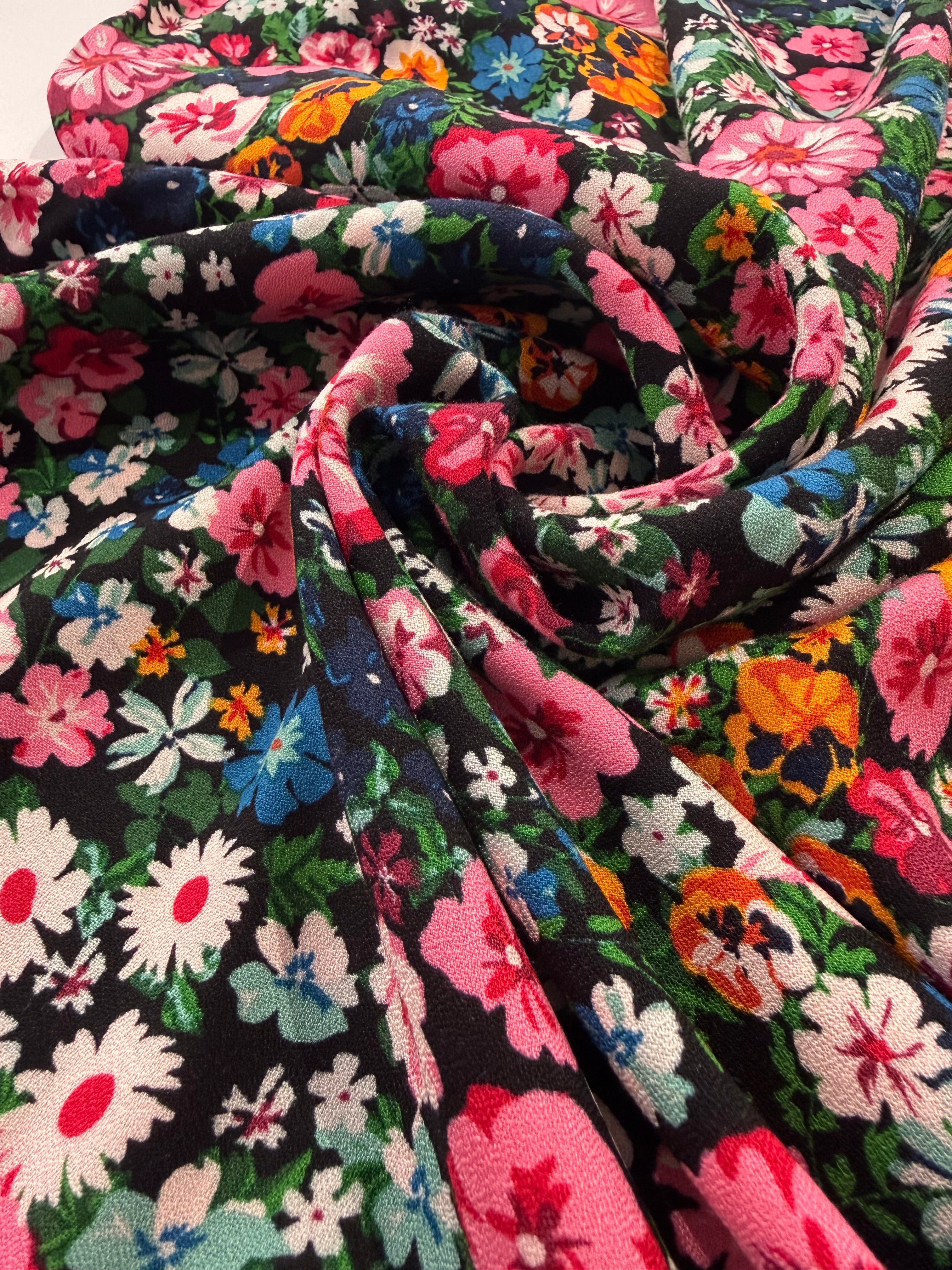 Wildflower Meadow Black Viscose Crêpe