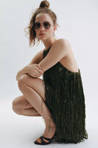 Ex Zara Deadstock Olive Sequin Tassel Crêpe