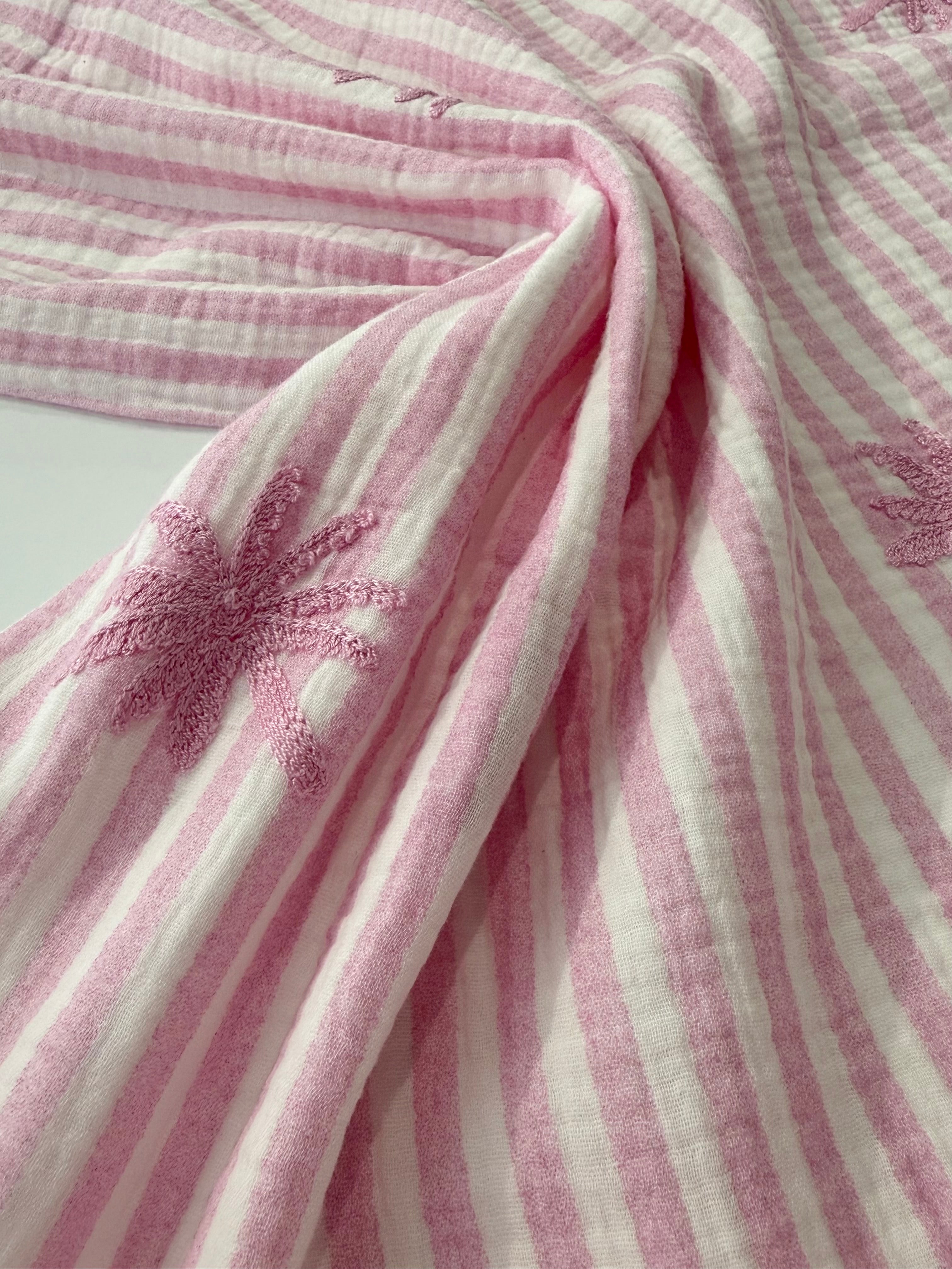 Palm Embroidery Cotton Double Gauze -  Pink