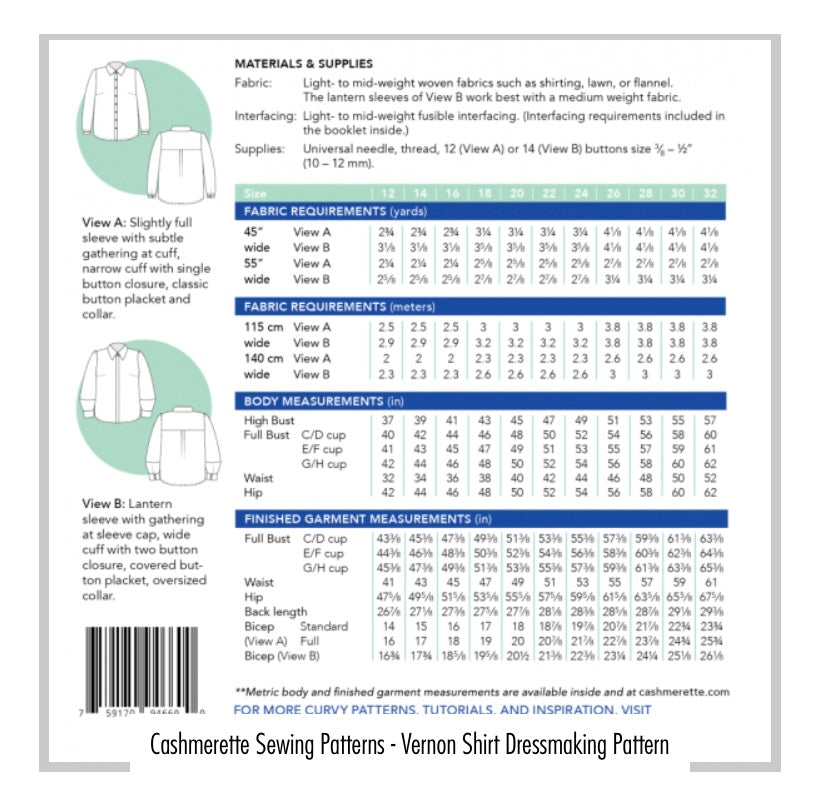 Cashmerette Vernon Shirt Size 12-32