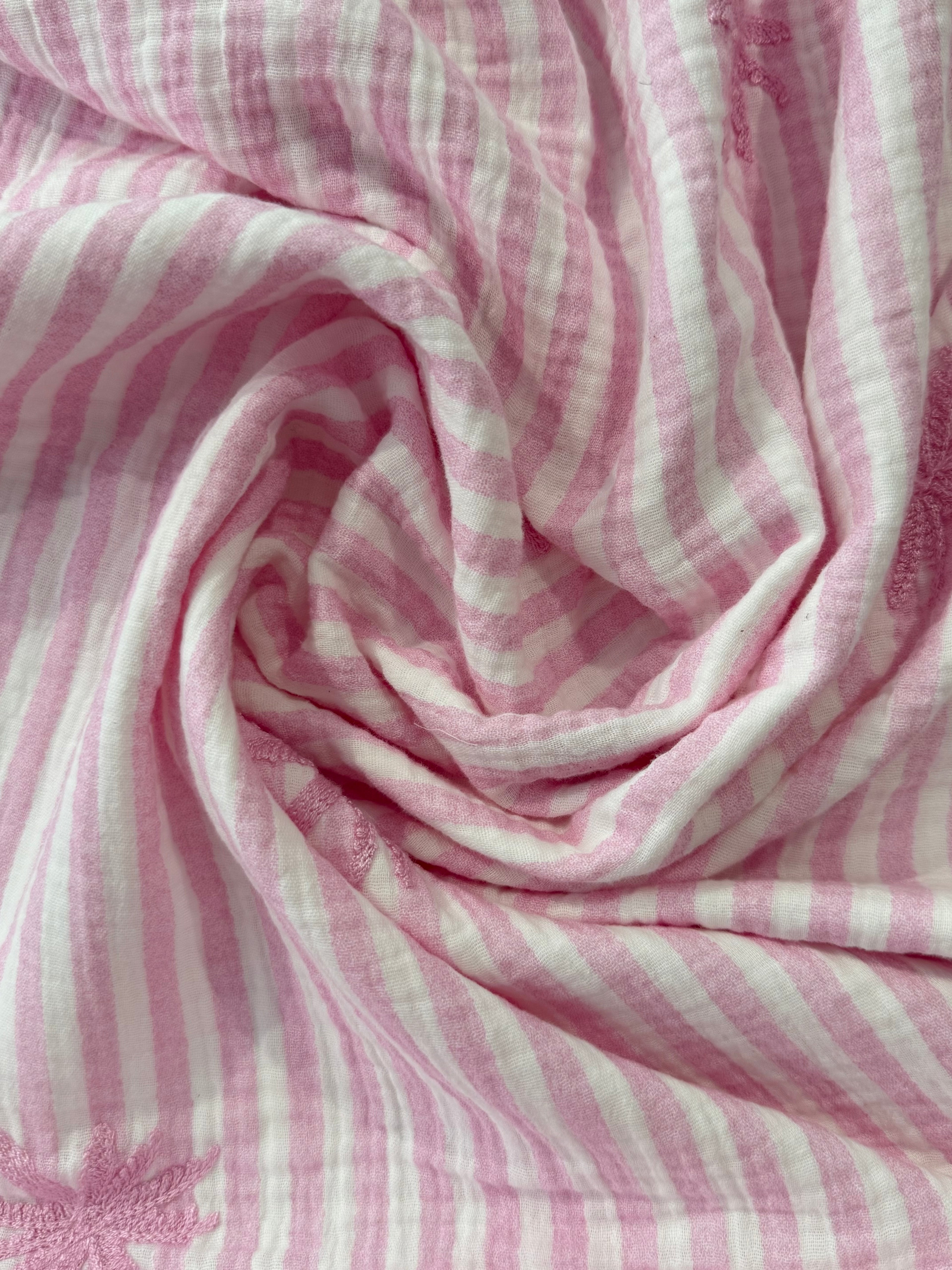 Palm Embroidery Cotton Double Gauze -  Pink