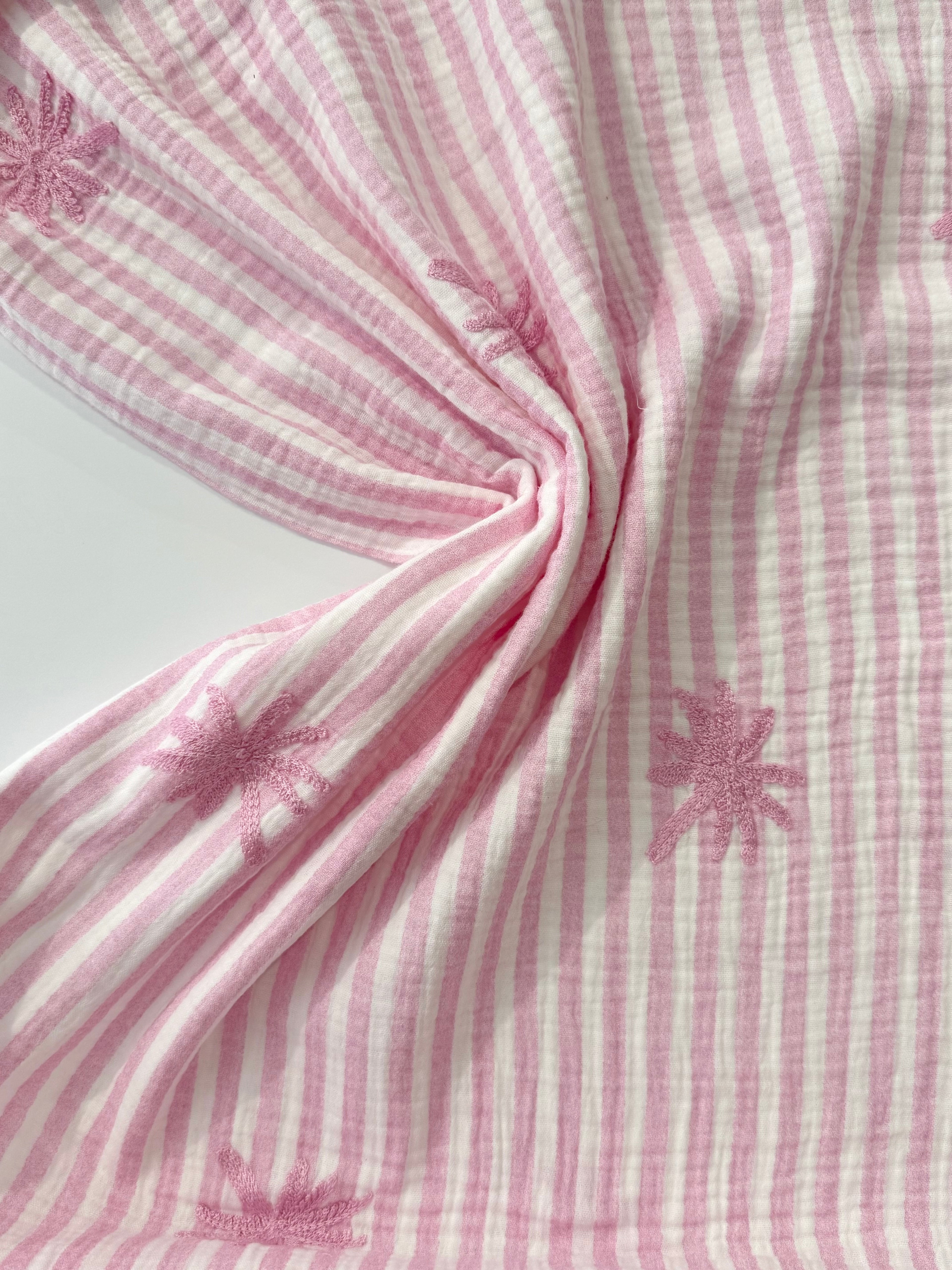 Palm Embroidery Cotton Double Gauze -  Pink