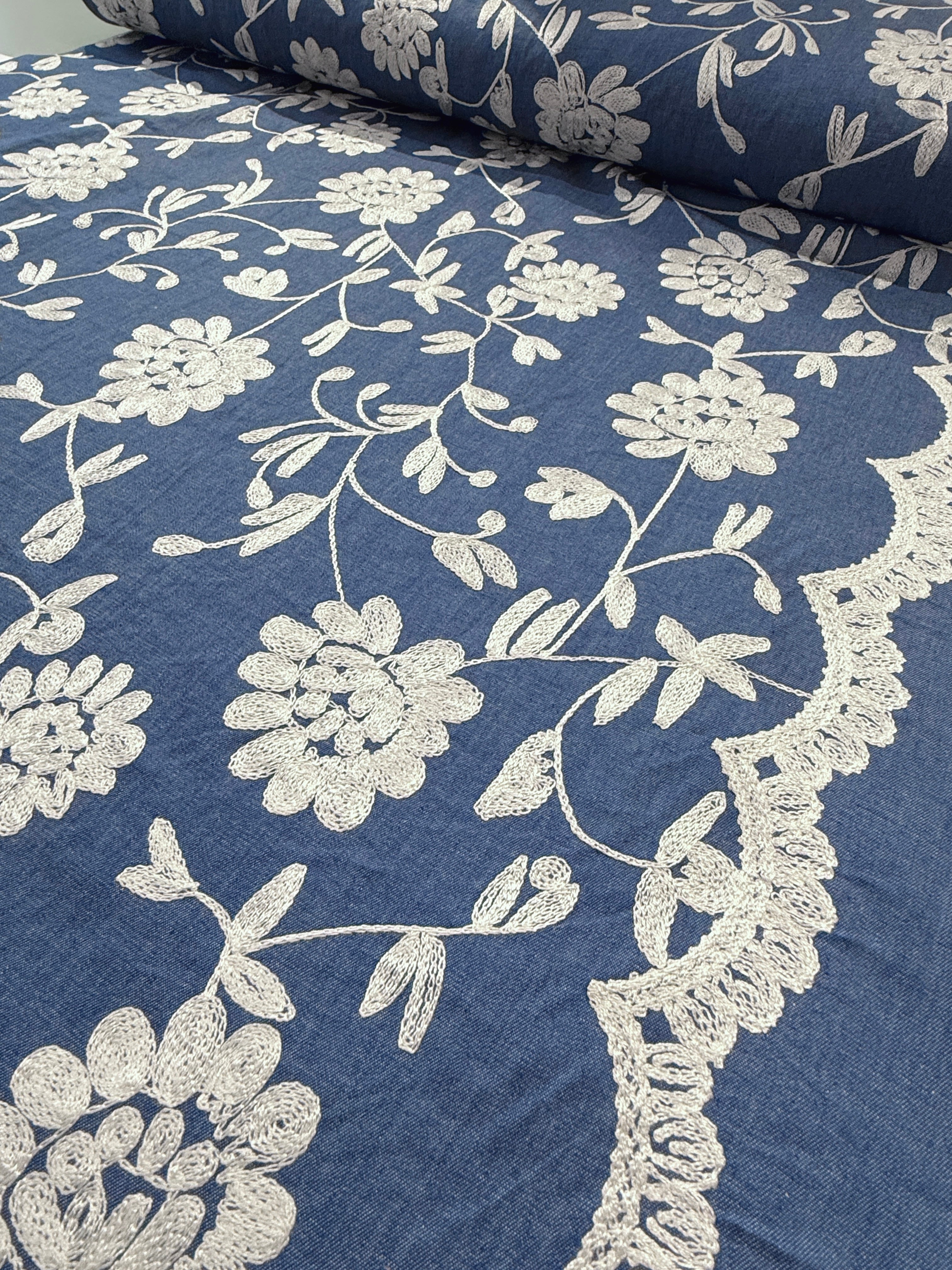 Embroidered Floral Cotton Chambray