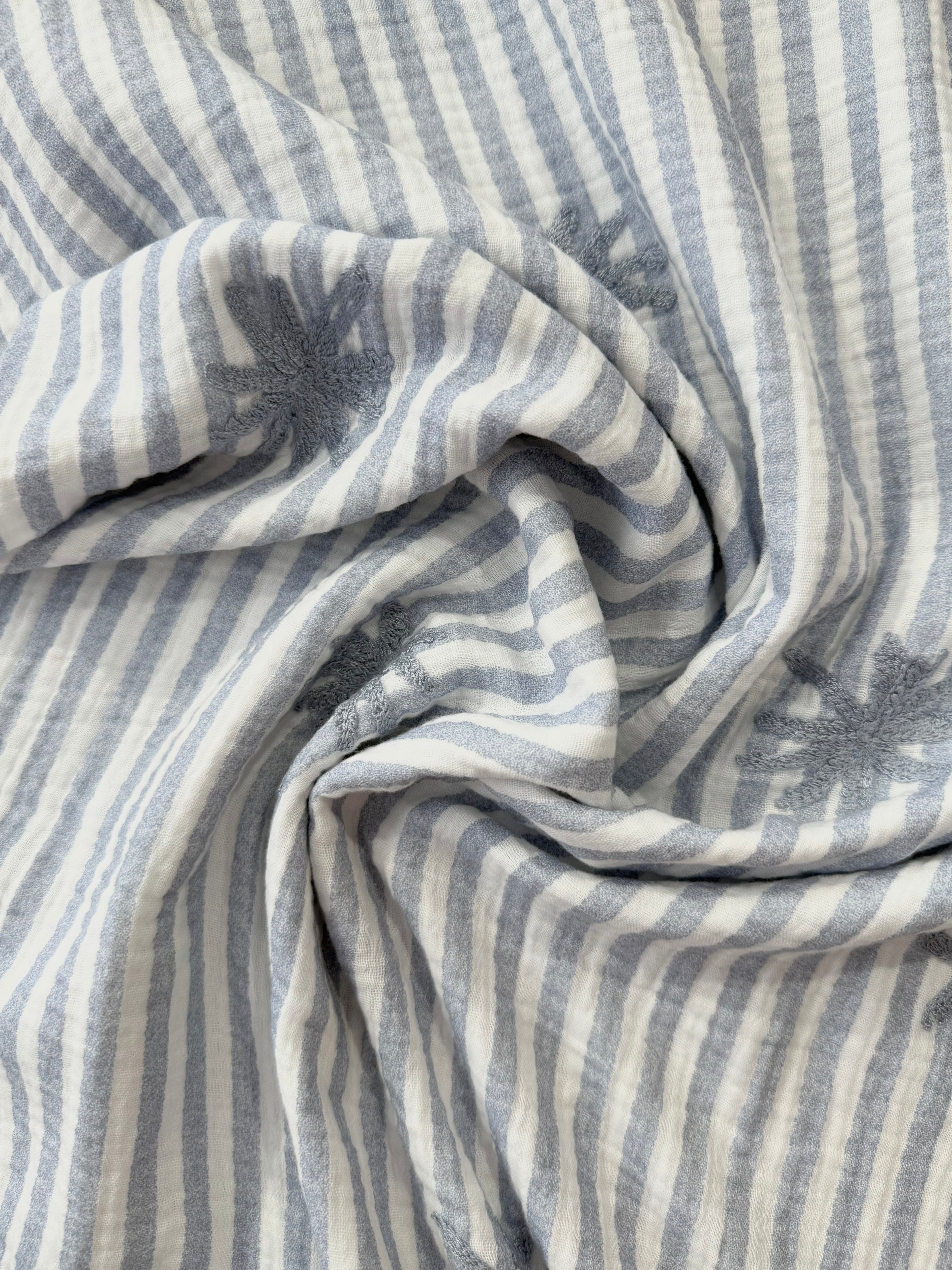Palm Embroidery Cotton Double Gauze - Blue