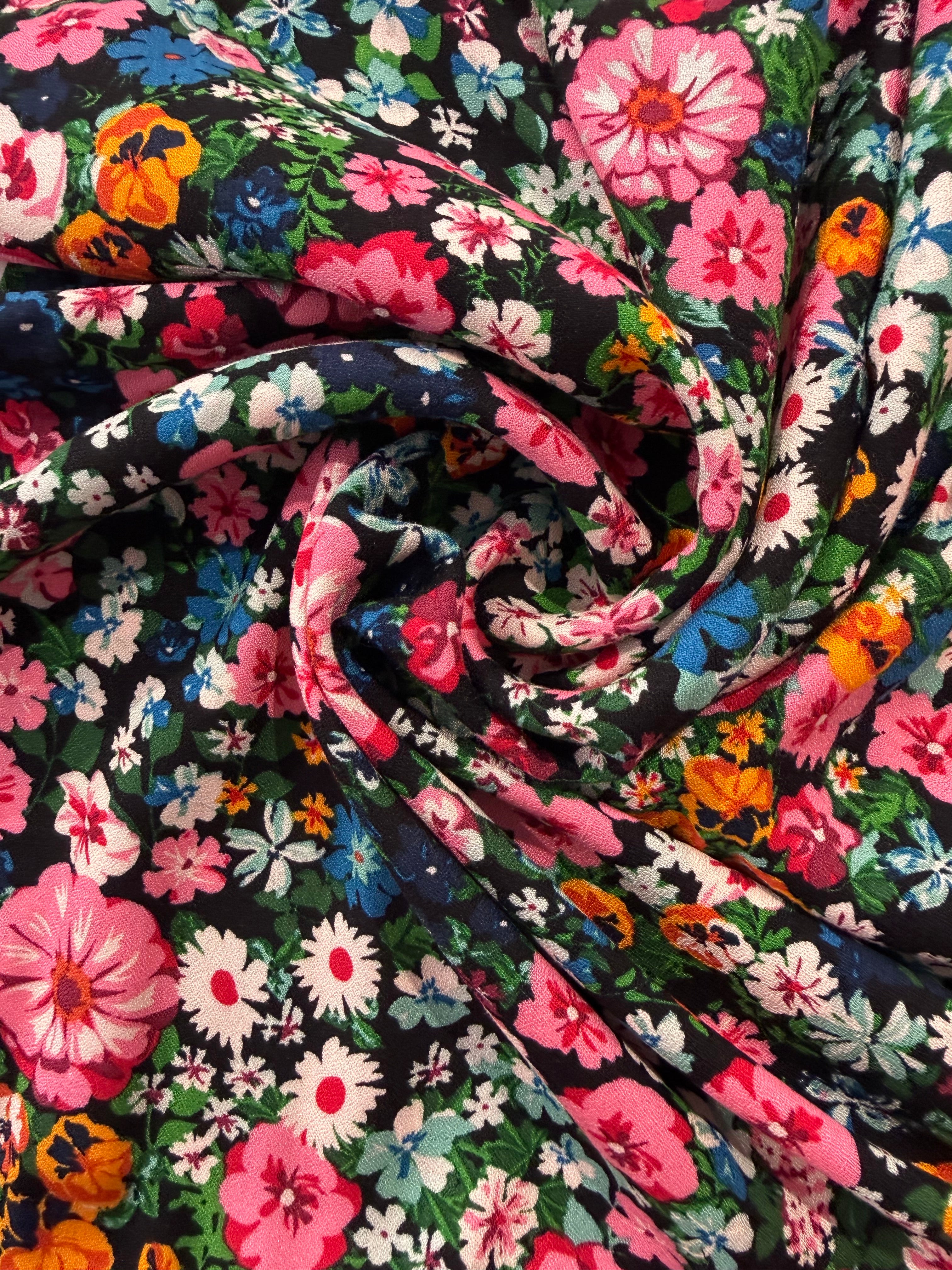 Wildflower Meadow Black Viscose Crêpe
