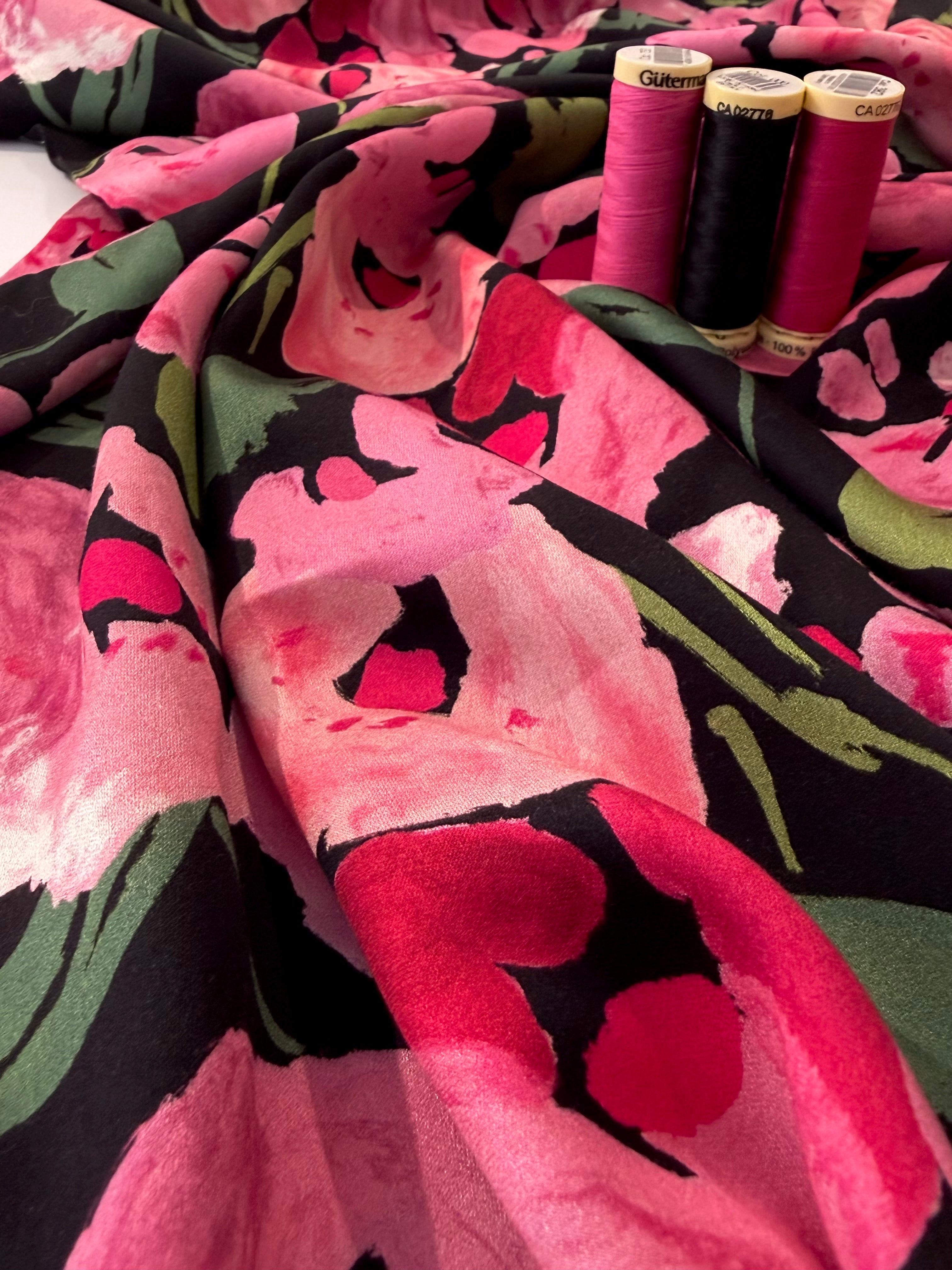 Painterly Peony Noir - Sandwashed Silk Mix Soft Satin Twill By Lady McElroy