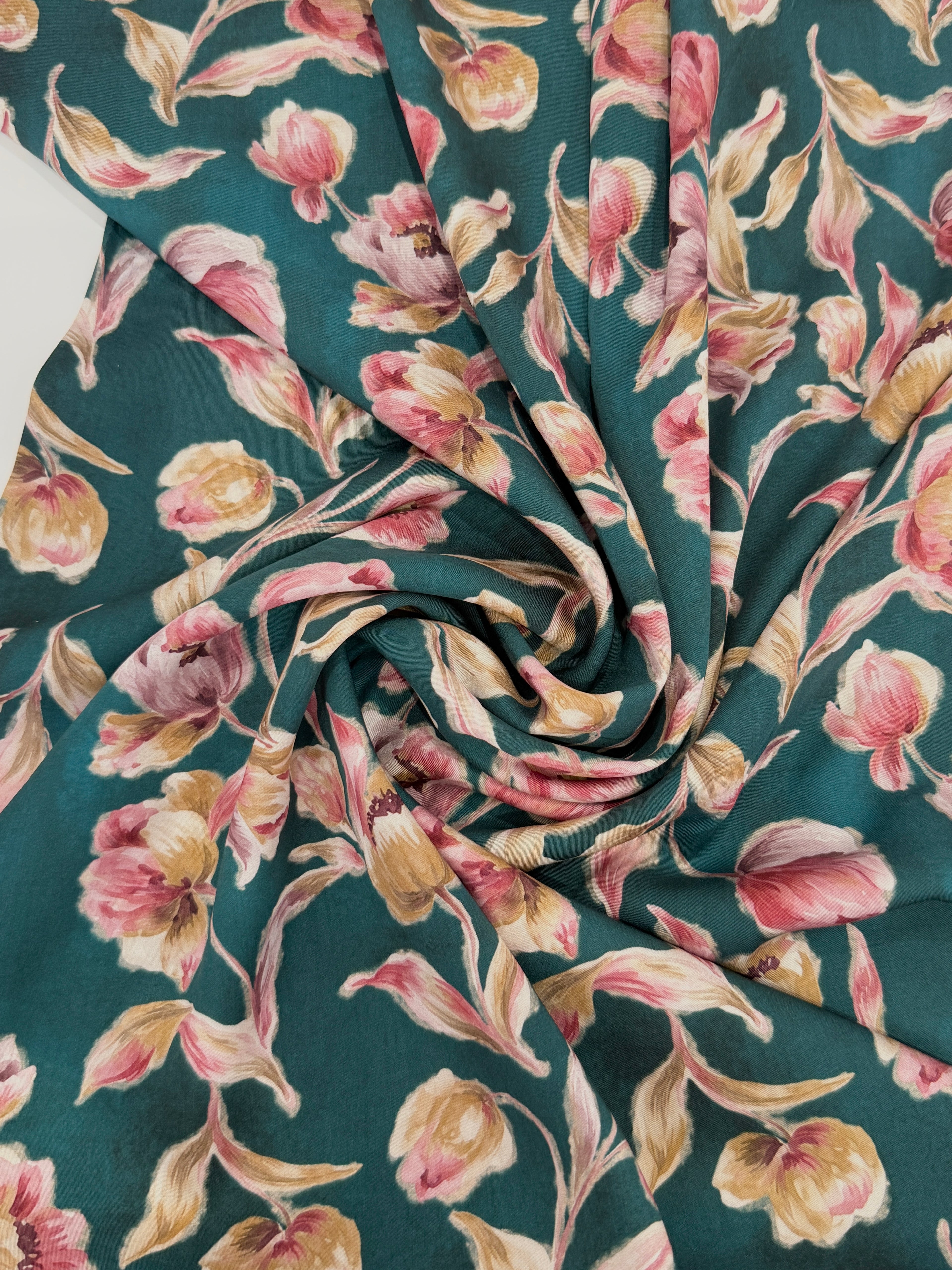Vintage Blooms Viscose Satin - Teal