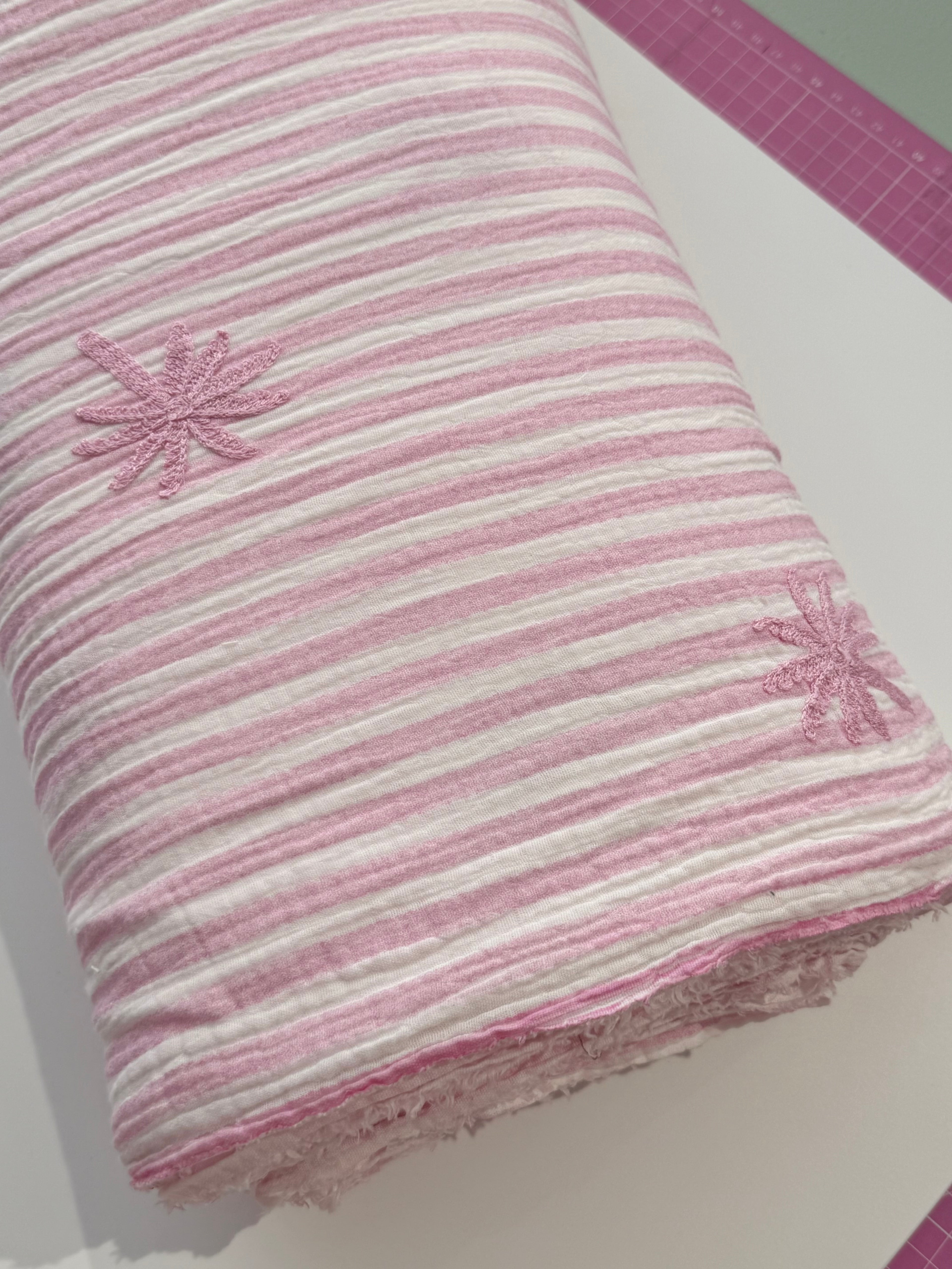 Palm Embroidery Cotton Double Gauze -  Pink