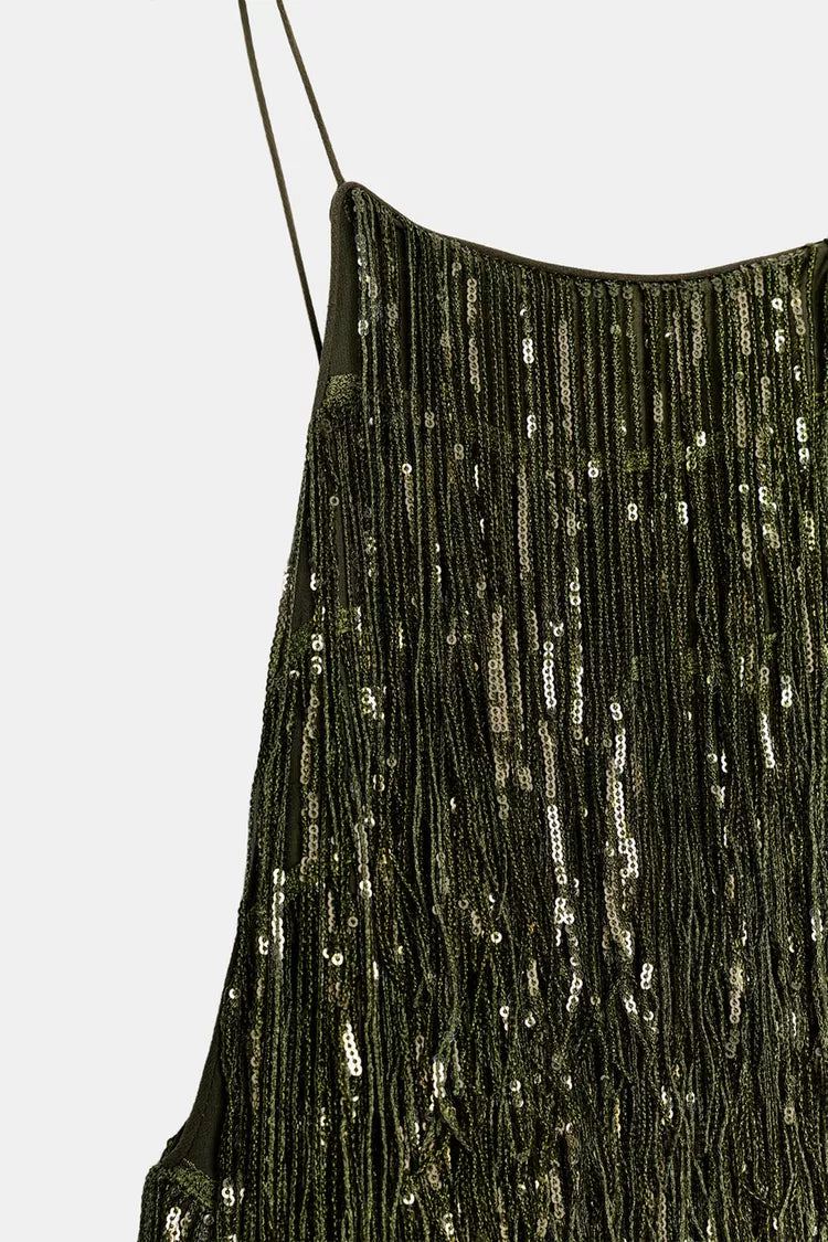 Ex Zara Deadstock Olive Sequin Tassel Crêpe