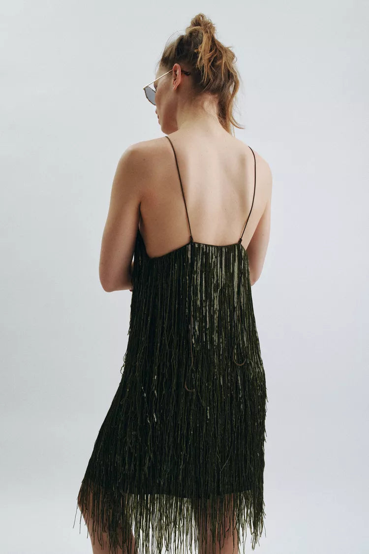 Ex Zara Deadstock Olive Sequin Tassel Crêpe