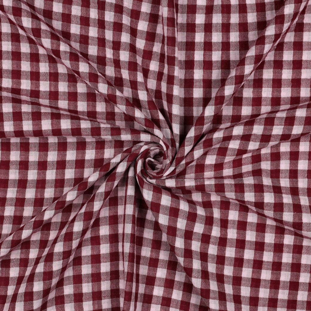 Pink & Burgundy Gingham Check Cotton Double Gauze