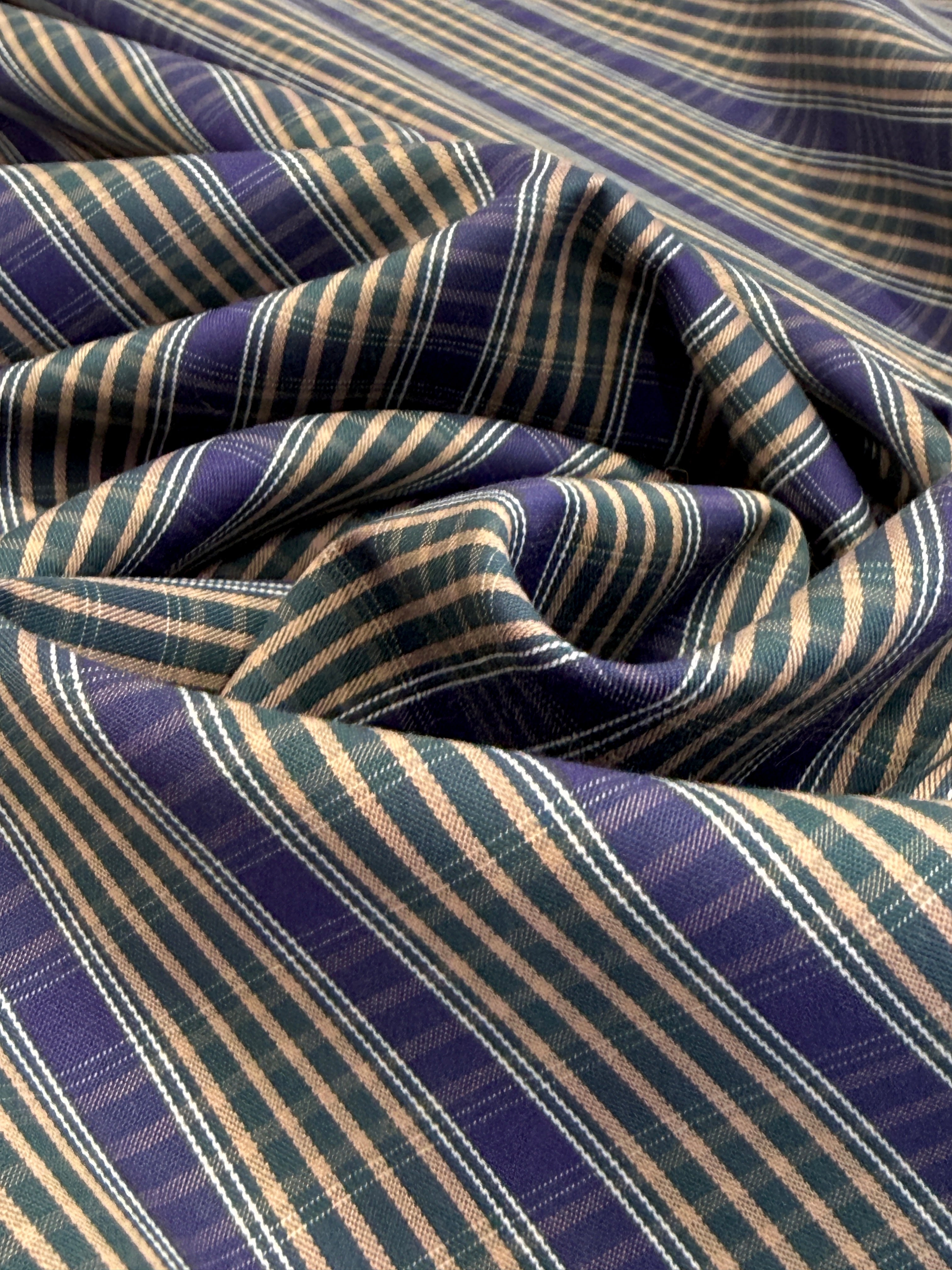 Heritage Check - Bottle Green, Indigo & Caramel - Ex-Designer Deadstock Cotton
