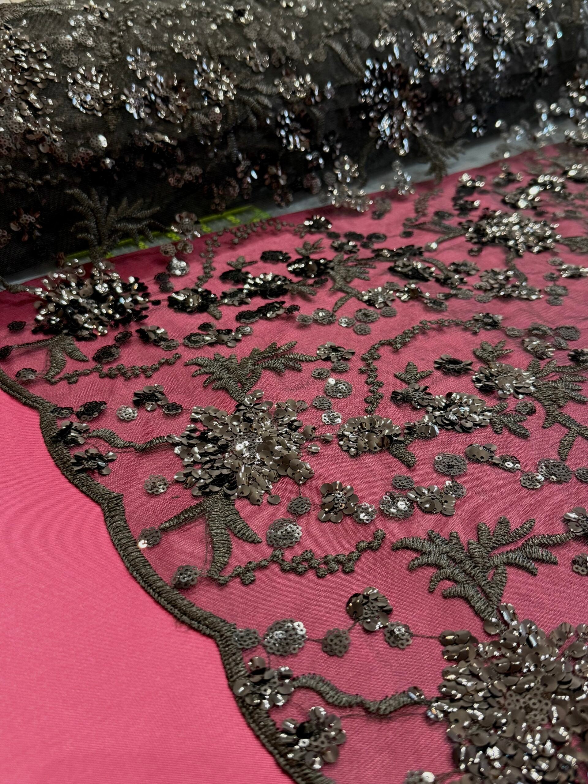 Black Embroidered And Sequin Non Stretch Mesh