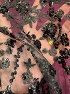Black Embroidered And Sequin Non Stretch Mesh