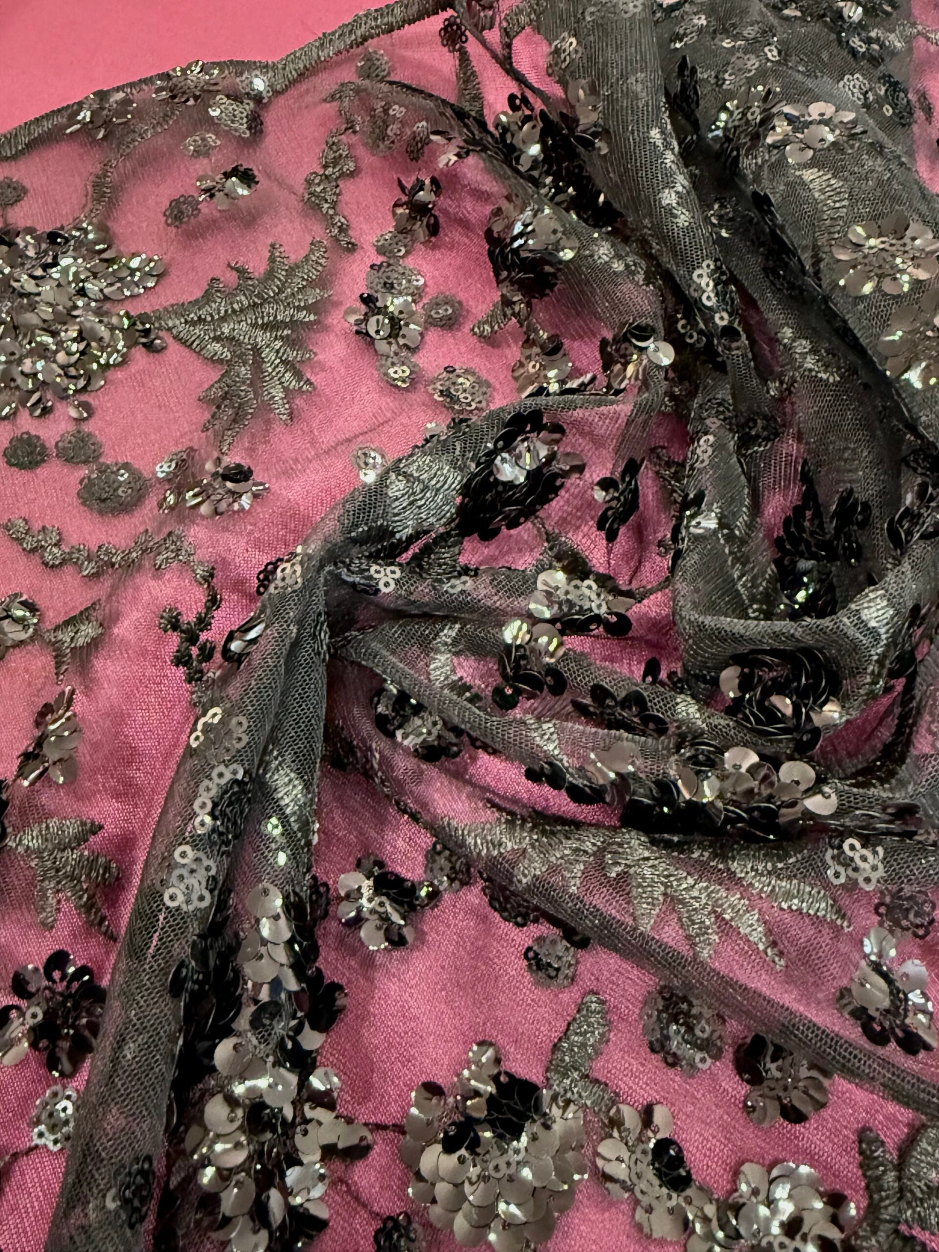 Black Embroidered And Sequin Non Stretch Mesh